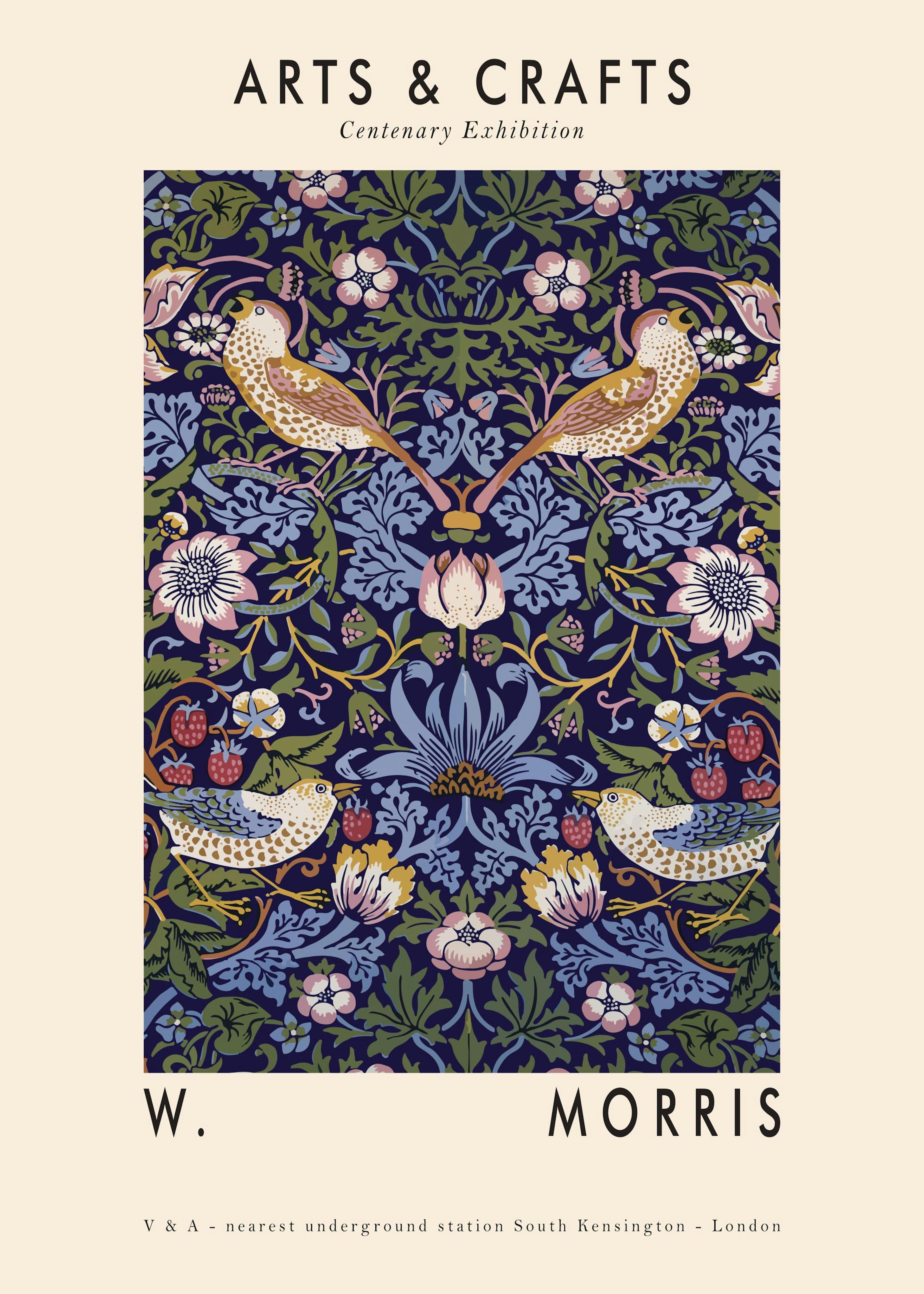 Poster William Morris Arts & Crafts avec motif floral détaillé et quatre oiseaux sur fond bleu foncé.