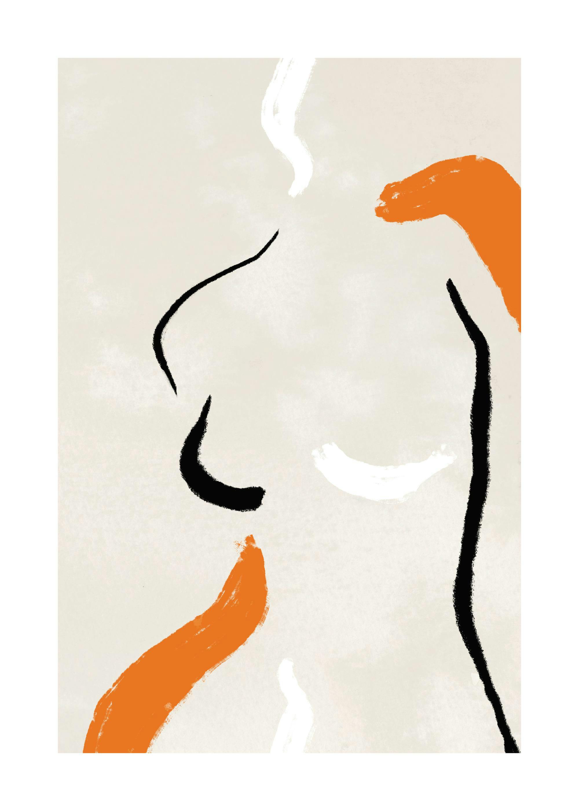 A poster of a minimalist abstract body outline in black, white, and orange brush strokes on a light beige background.