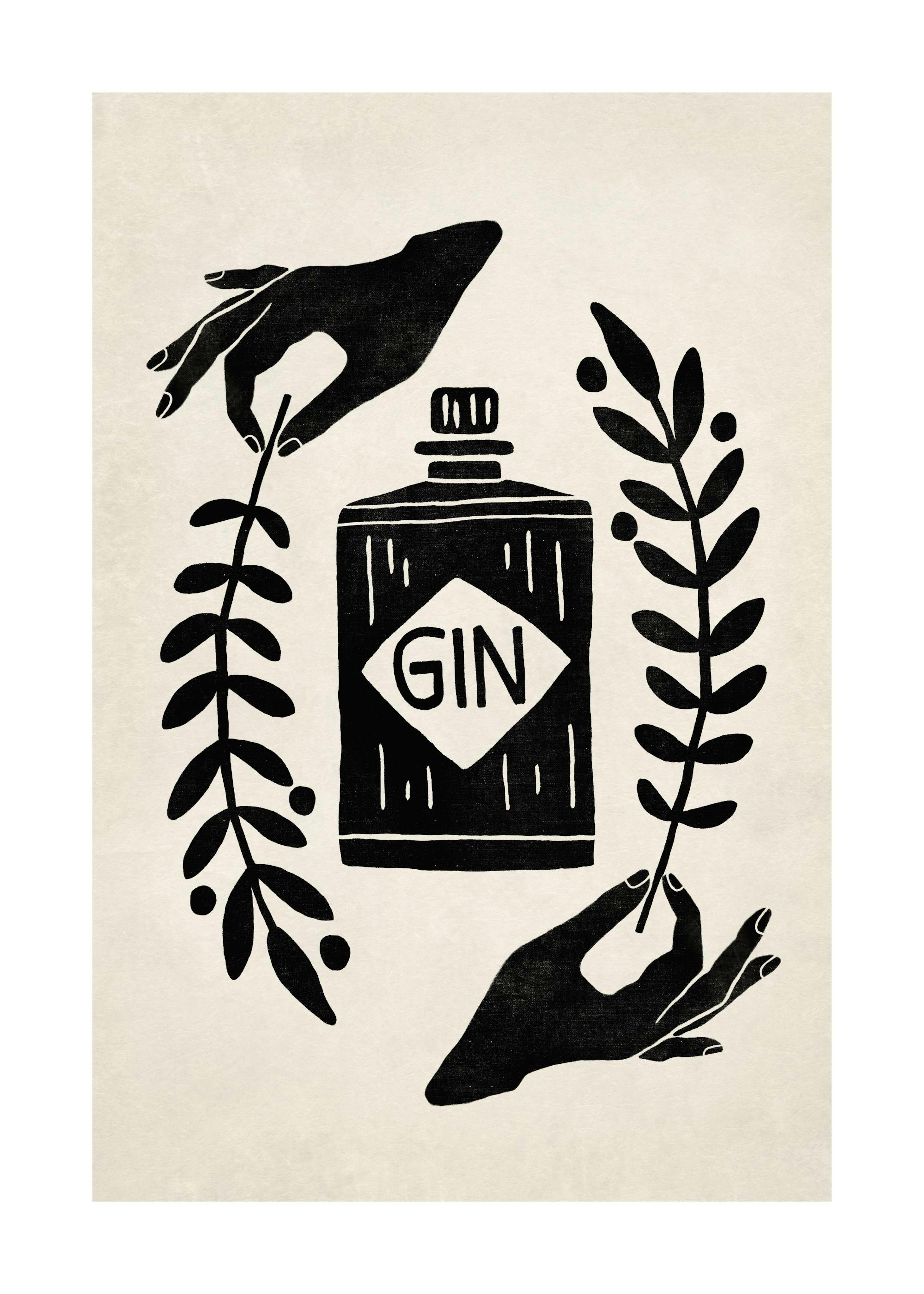 Poster mit Händen, die botanische Zweige um eine Gin-Flasche halten, in Schwarz auf hellem Hintergrund.
