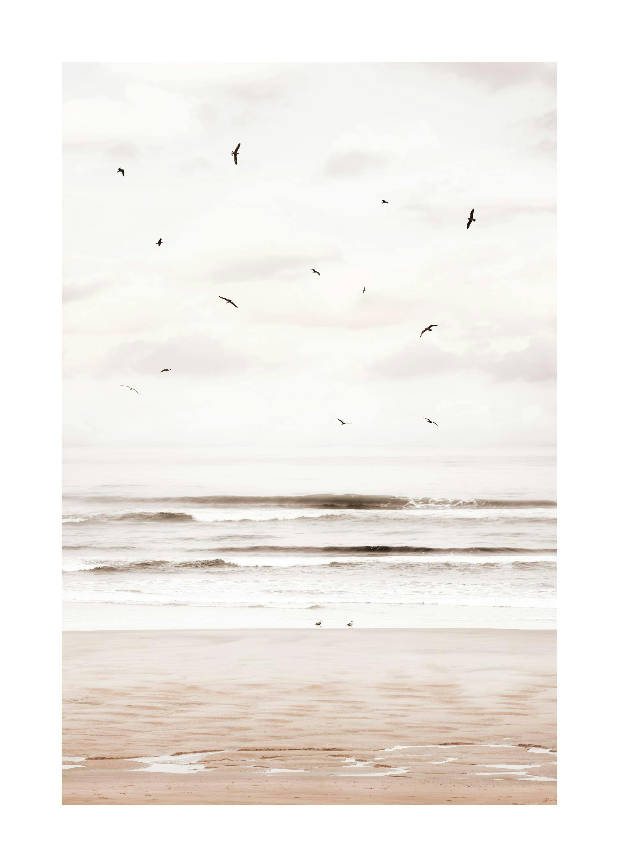 Un poster dune plage sereine avec des vagues et des oiseaux volant au-dessus, dans des tons de beige et de blanc.