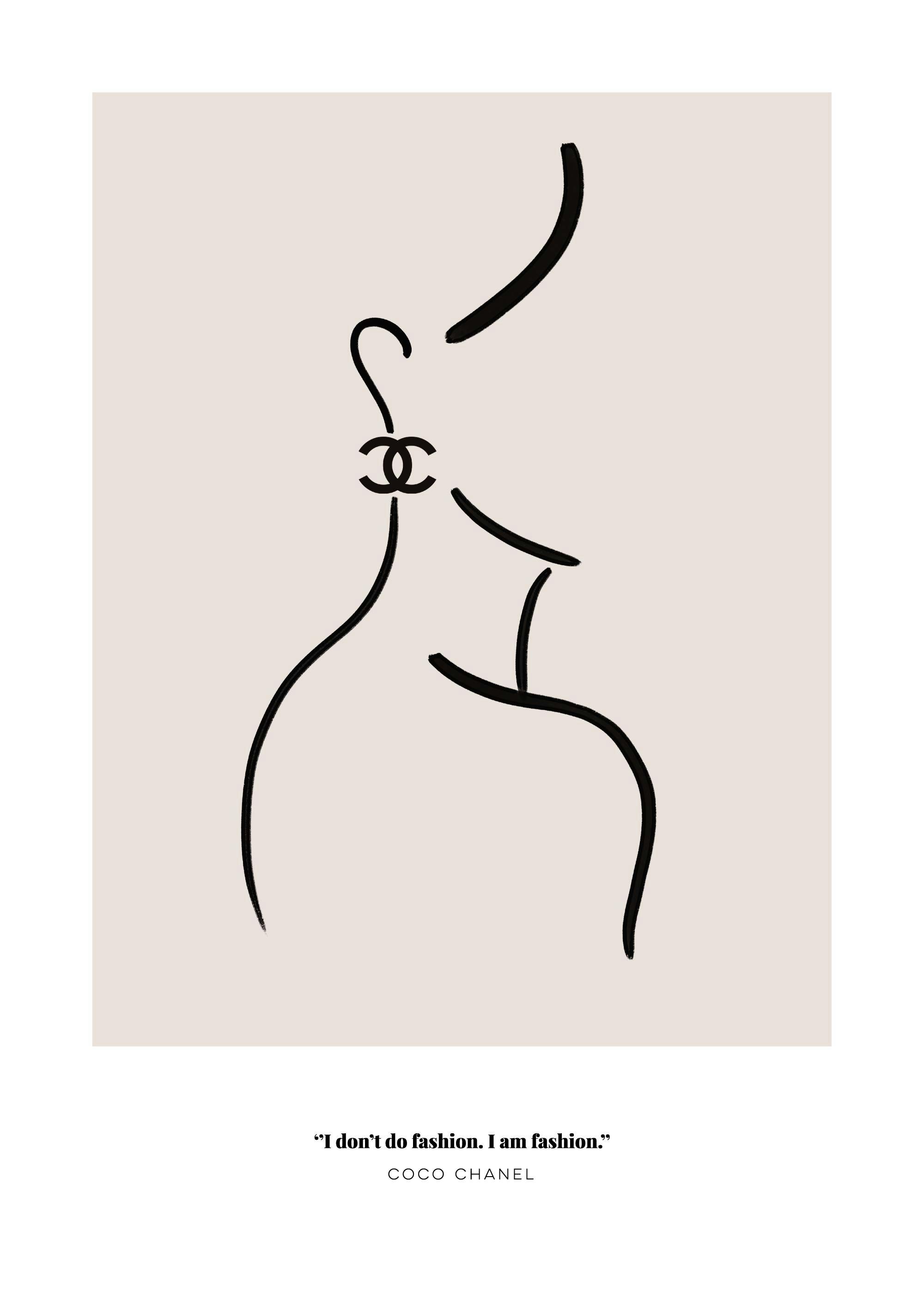 A poster featuring a minimalist black line art of a womans profile with a Chanel logo earring on a beige background, with a fash