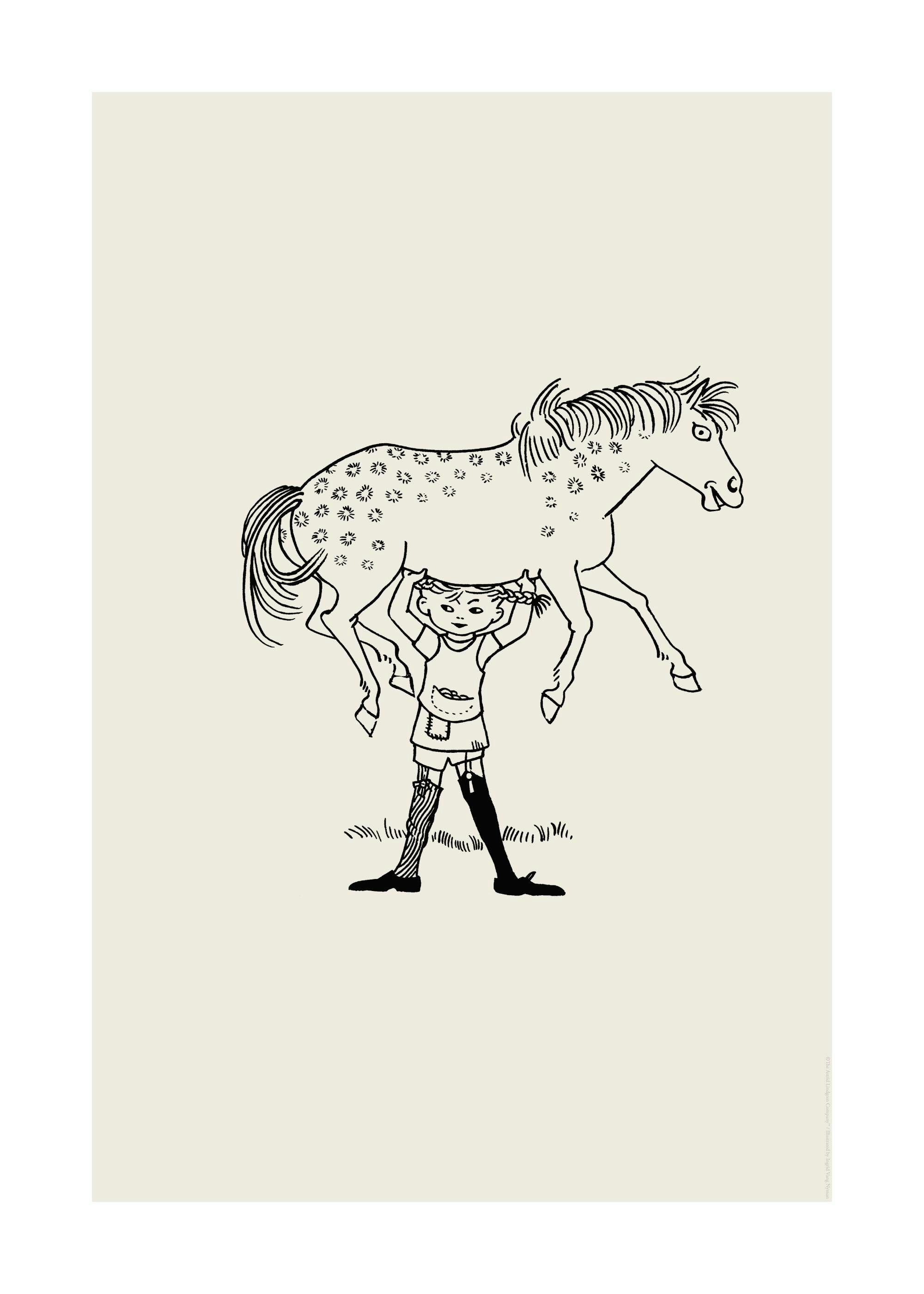 Poster con illustrazione in bianco e nero di Pippi Calzelunghe che solleva il suo cavallo a pois.