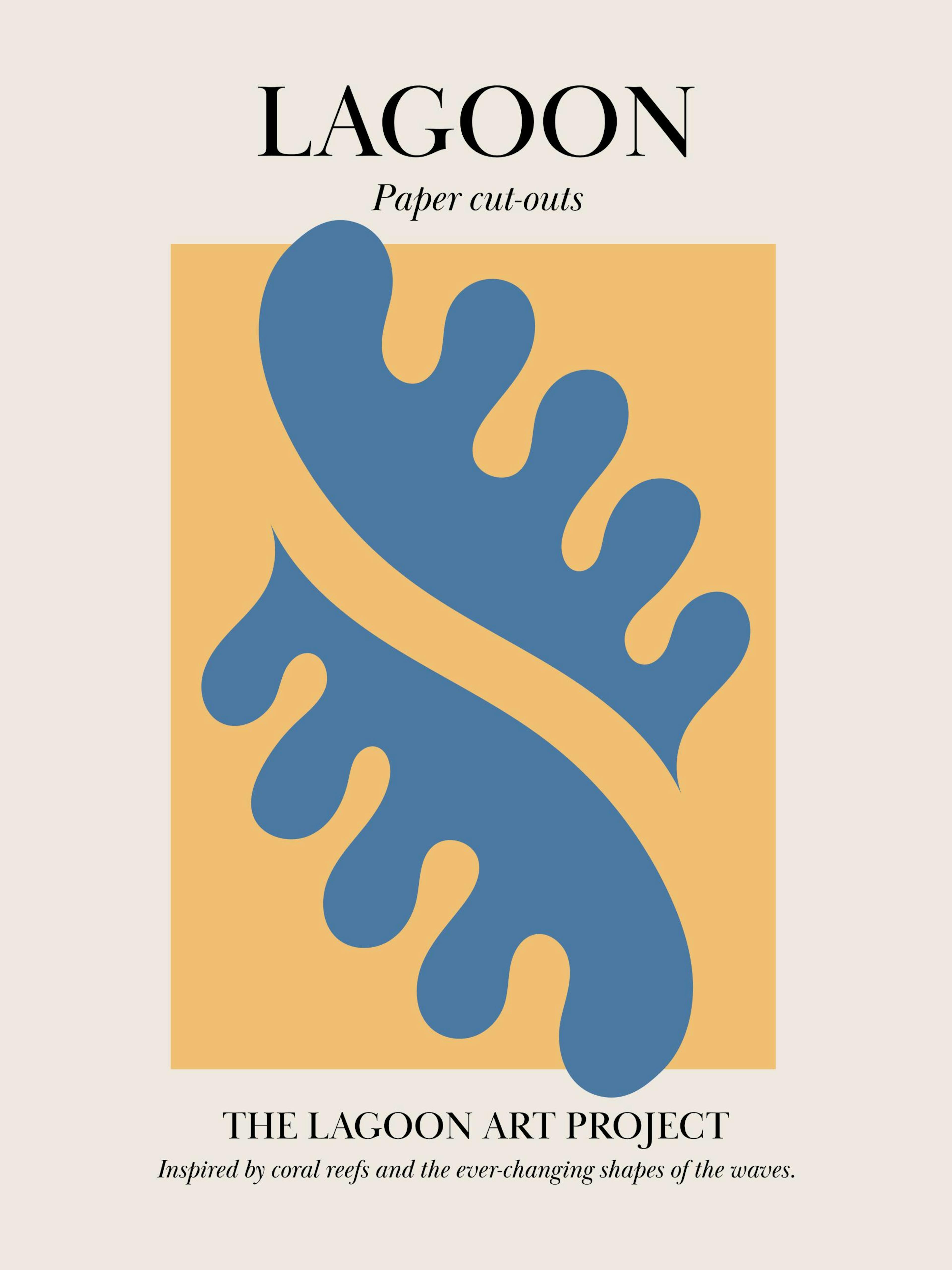 A poster featuring a blue organic shape resembling a coral or wave, on a mustard yellow background. Text reads Lagoon.