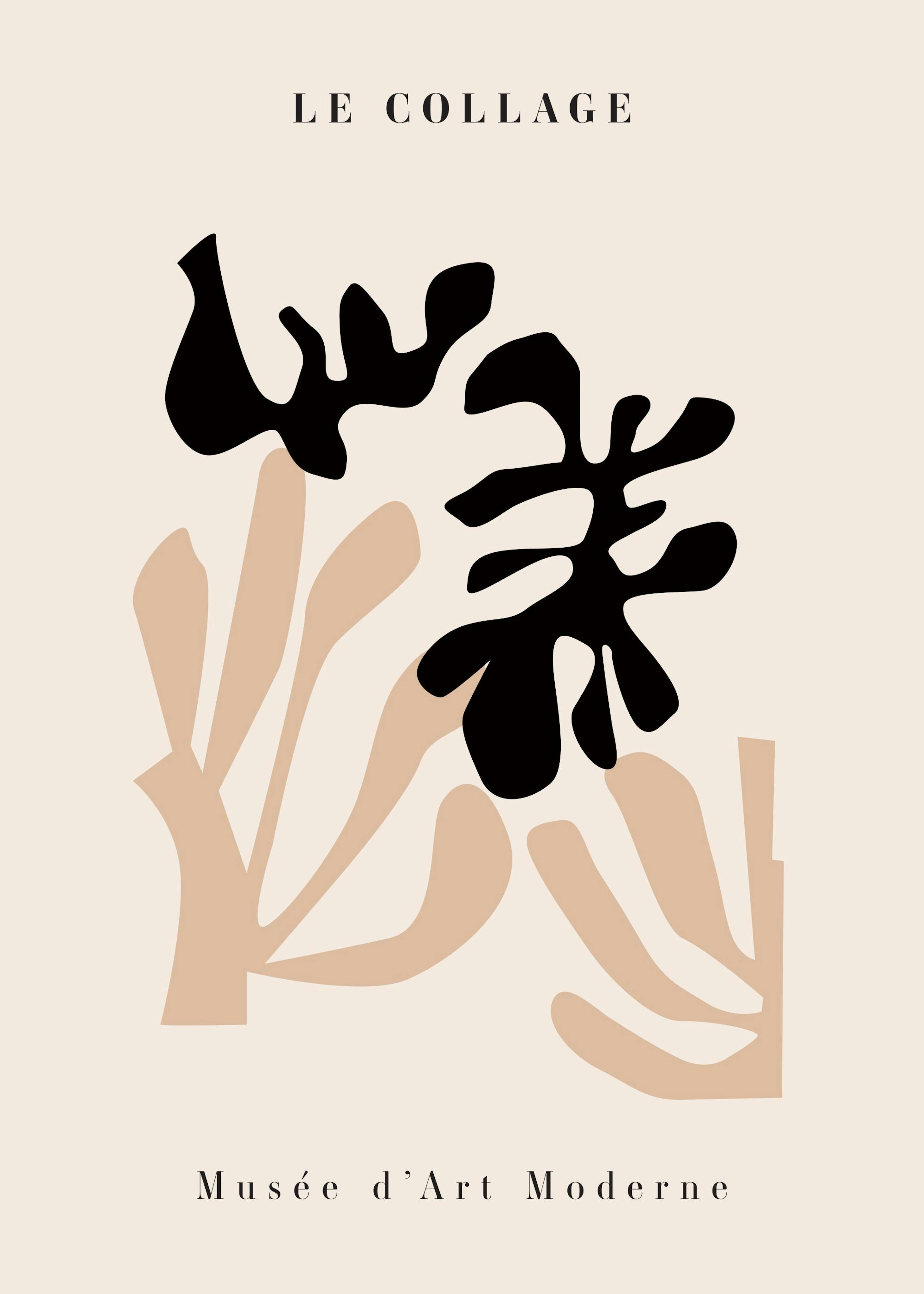 A poster featuring organic black and beige shapes on a light cream background, with LE COLLAGE and Musée dArt Moderne text.