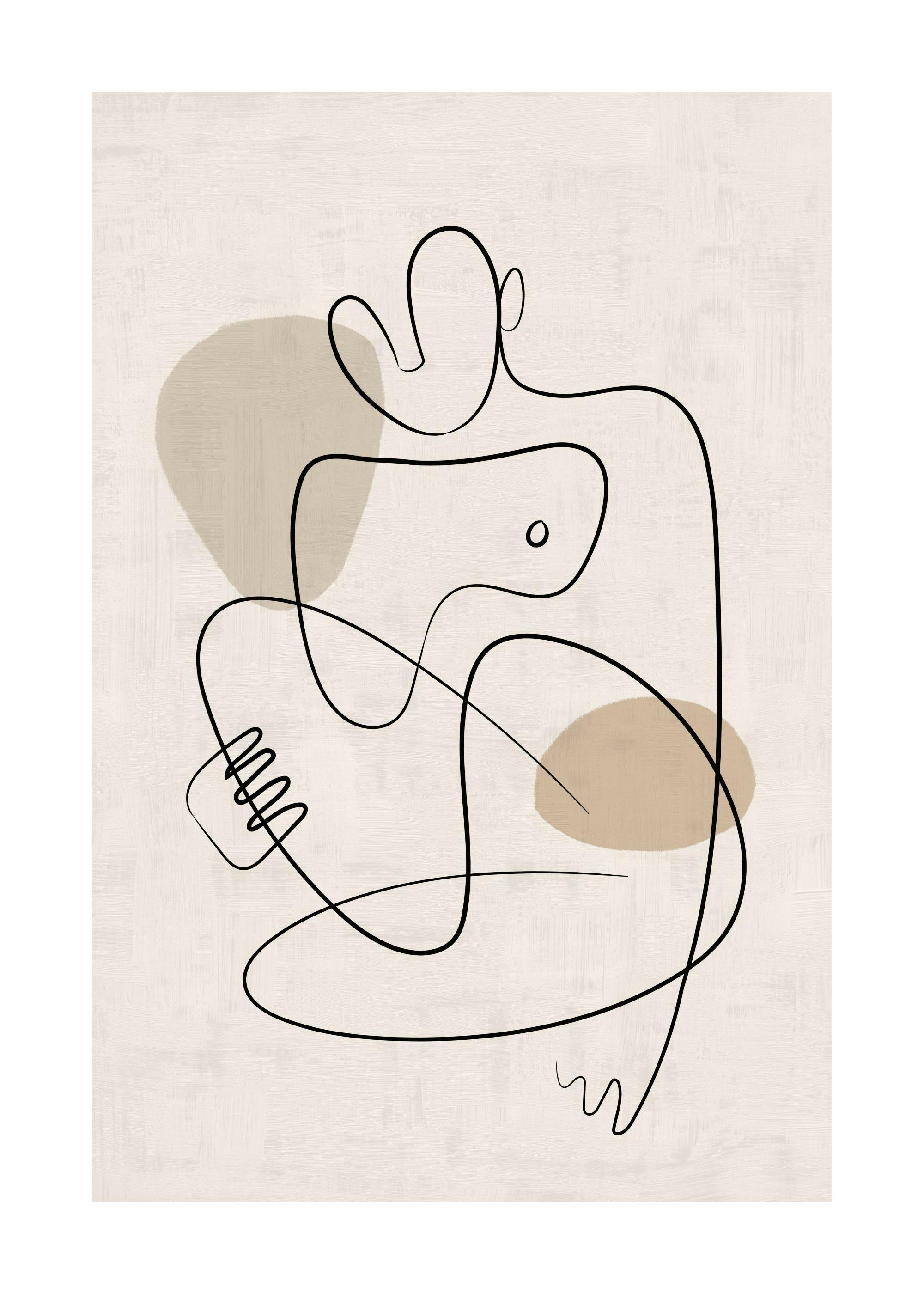 Minimalistisches Poster einer abstrakten Figur mit schwarzen Linien und beigen organischen Formen auf hellem Hintergrund.