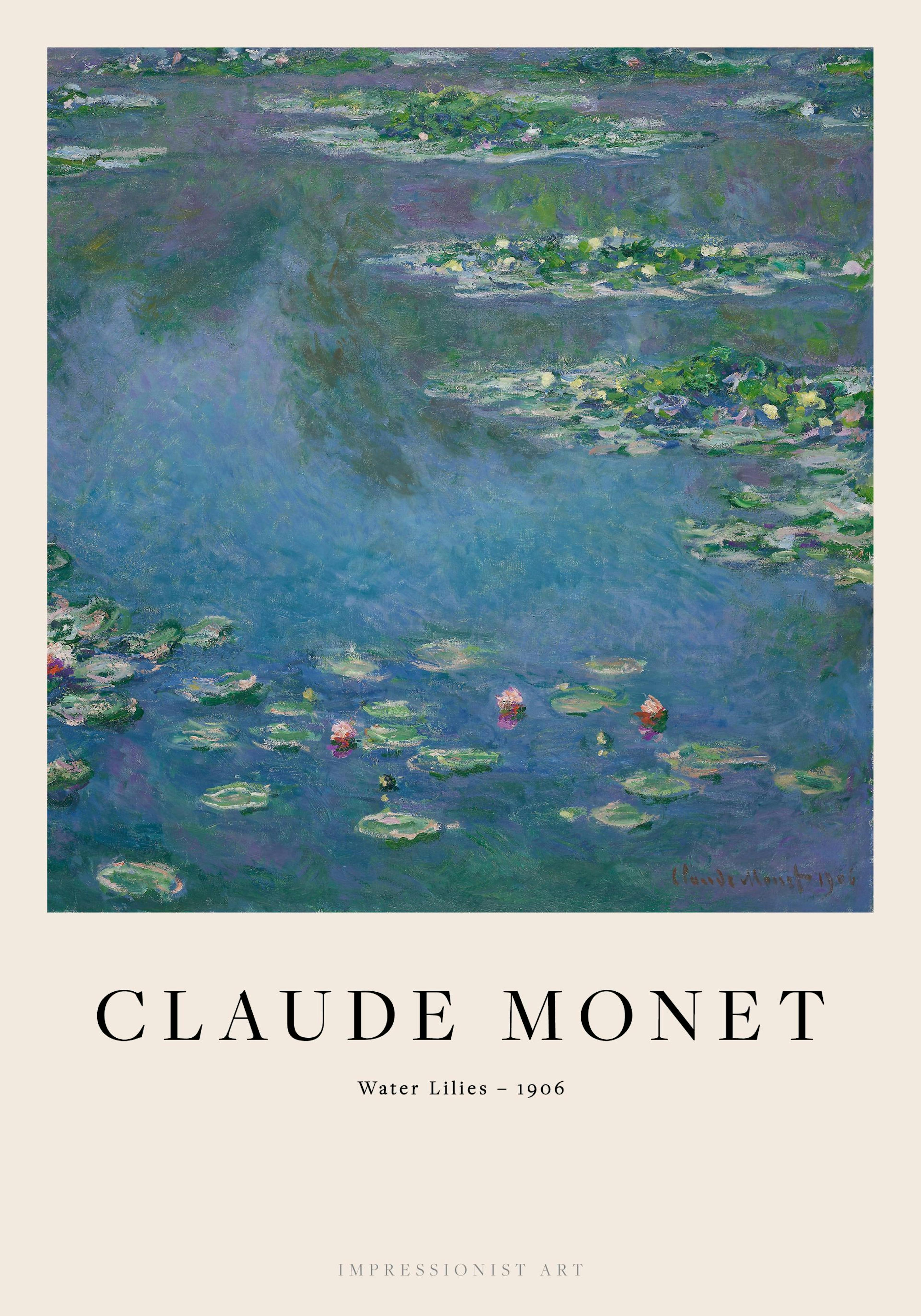 Ein Poster des impressionistischen Gemäldes Seerosen von Claude Monet mit blaugrünem Wasser und grünen Blättern.