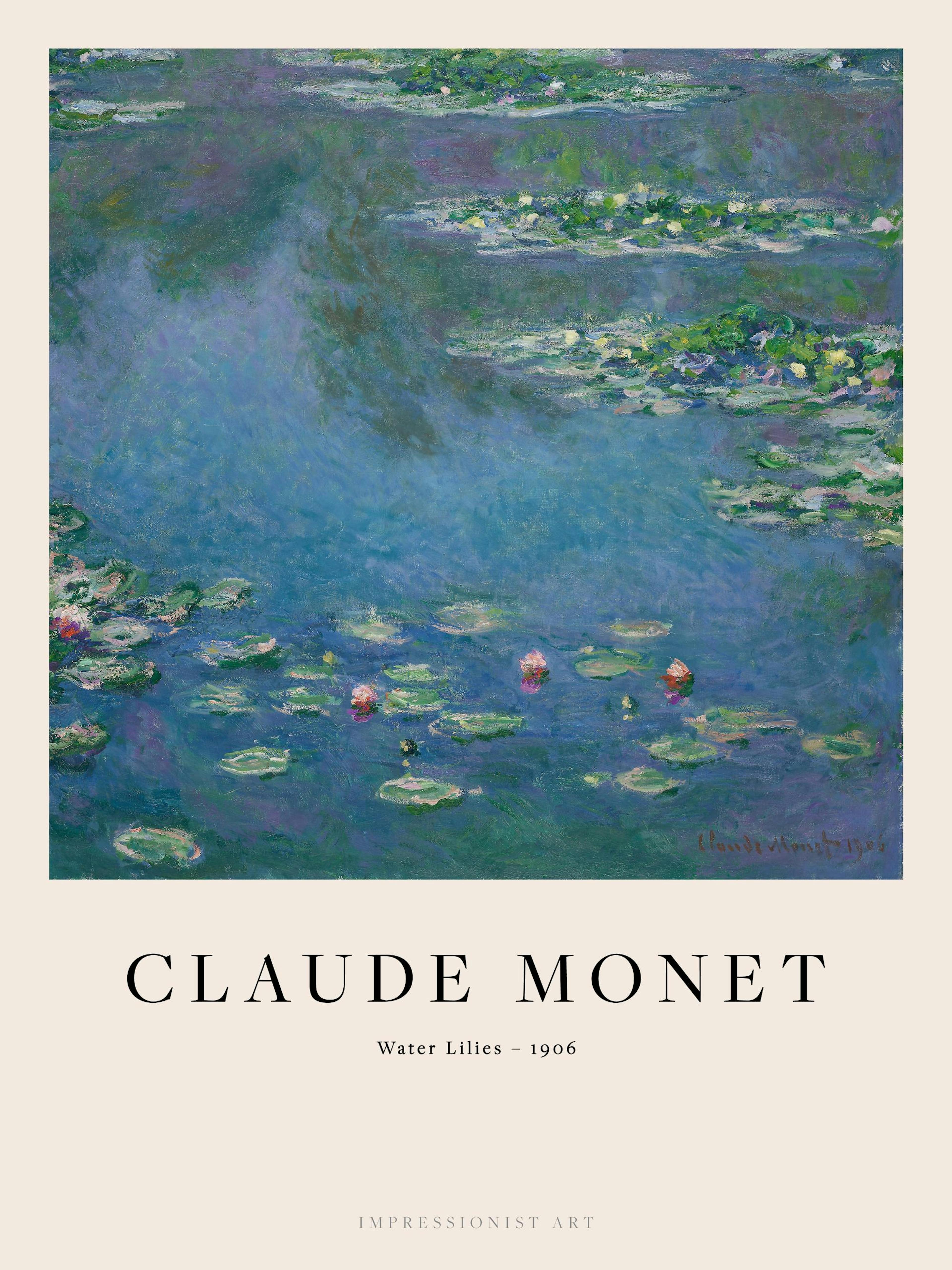 A poster featuring Claude Monets impressionist painting of blue water with green and pink water lilies.
