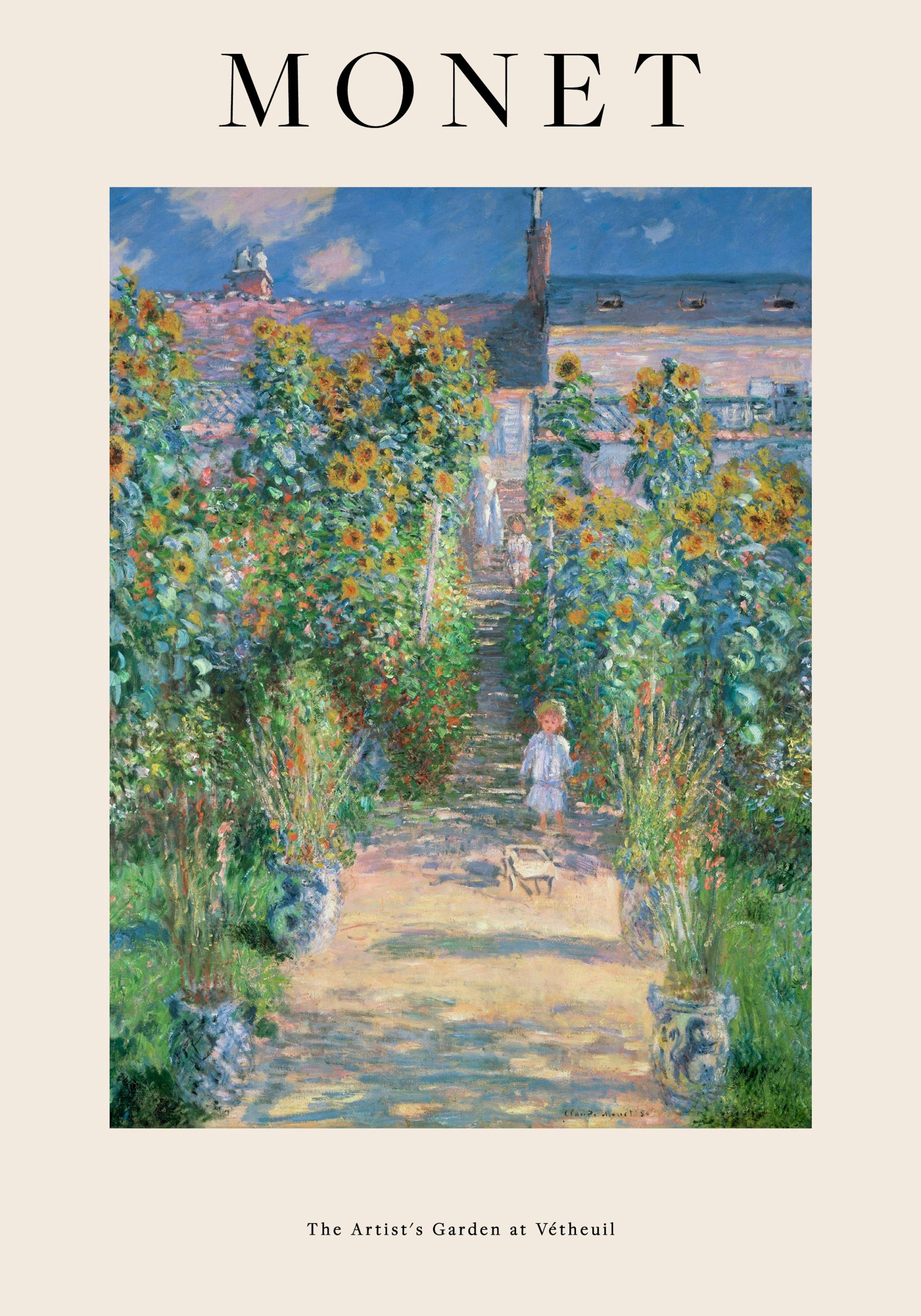 A poster featuring Monets The Artists Garden at Vétheuil, a vibrant painting of a garden path with sunflowers, houses, and figur
