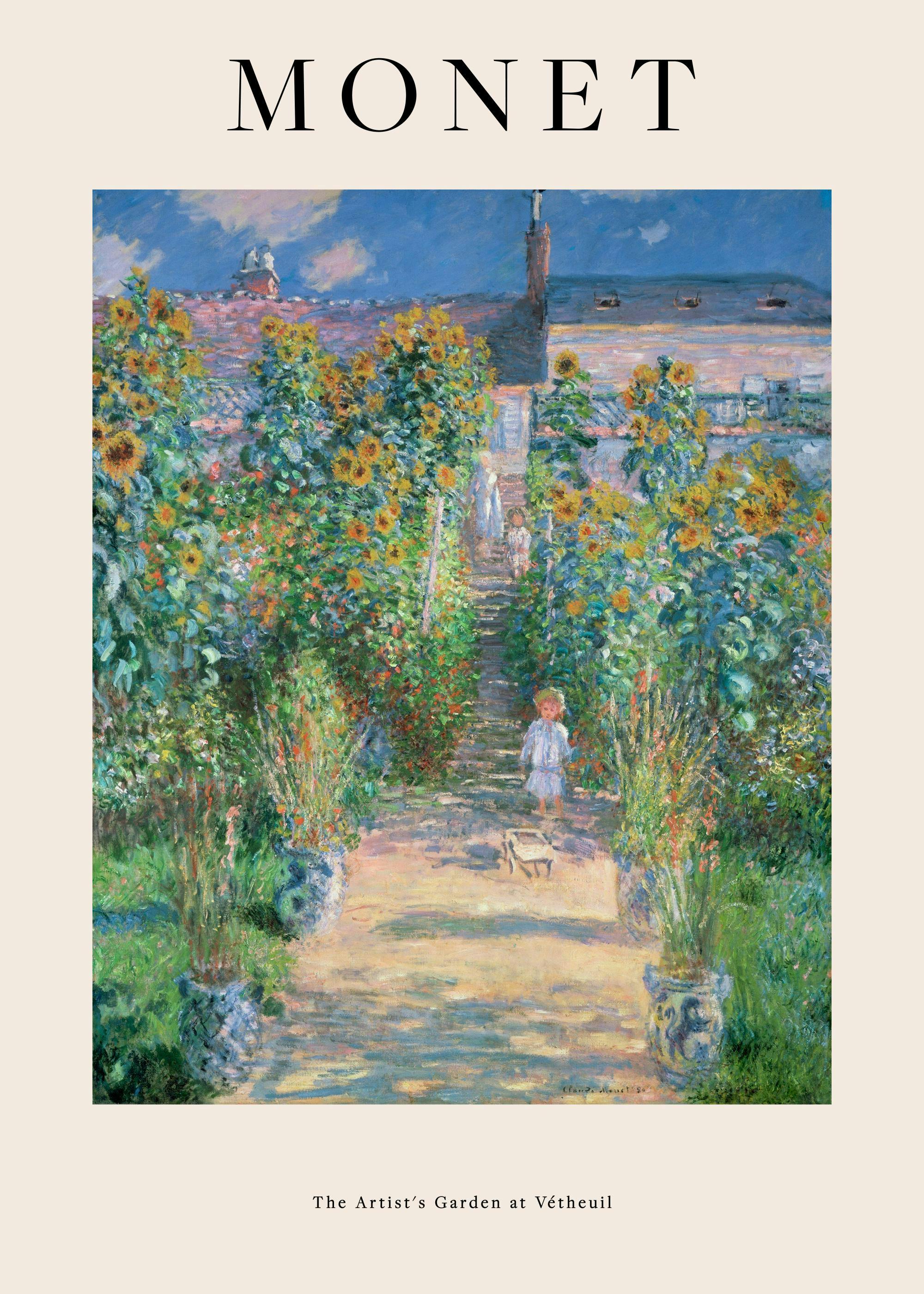 Een poster van Monets schilderij De tuin van de kunstenaar in Vétheuil, met een bloeiende zonnebloementuin en een kind op een pa