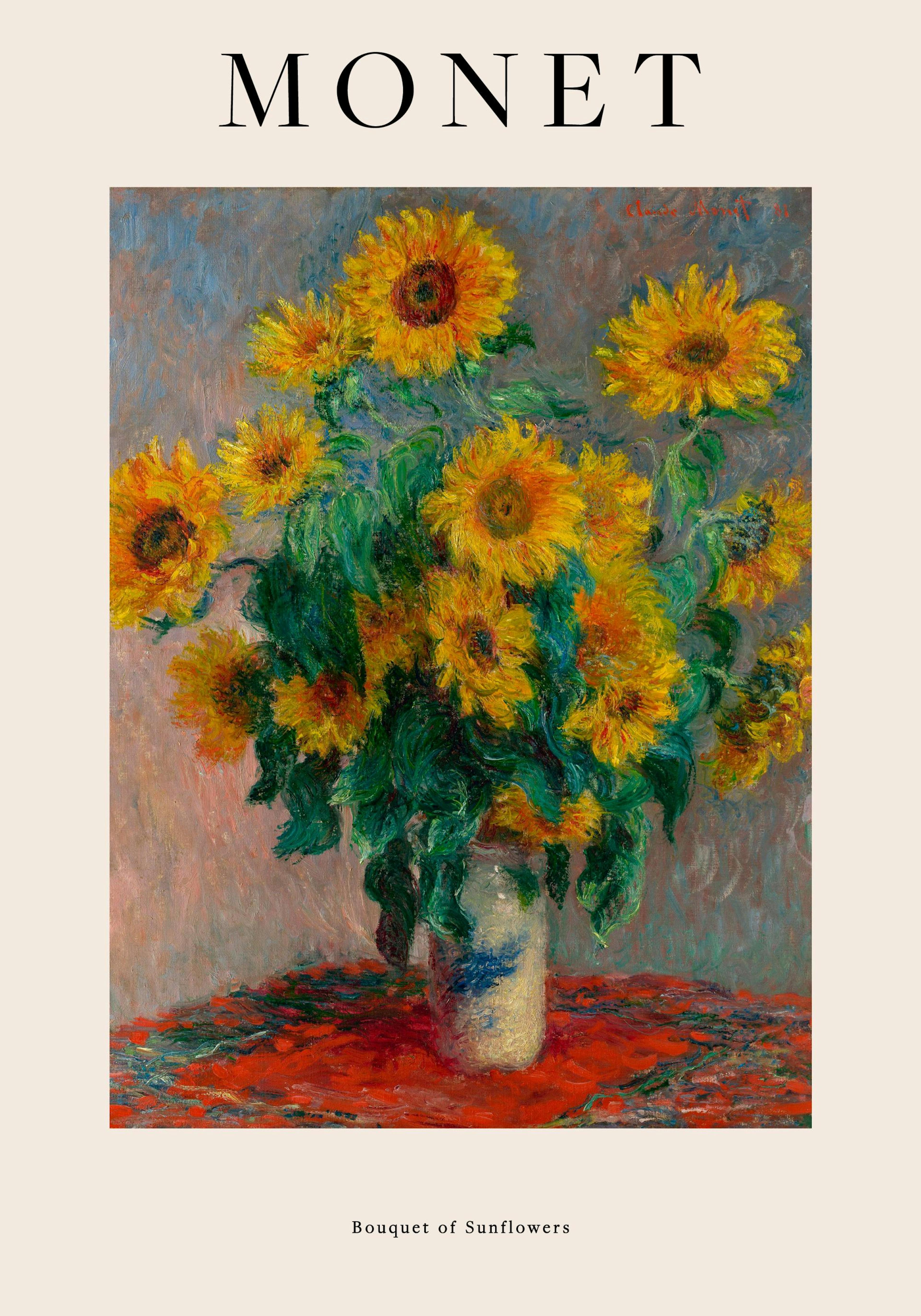 A poster featuring Monets Bouquet of Sunflowers painting, with vibrant yellow sunflowers in a vase on a red table.