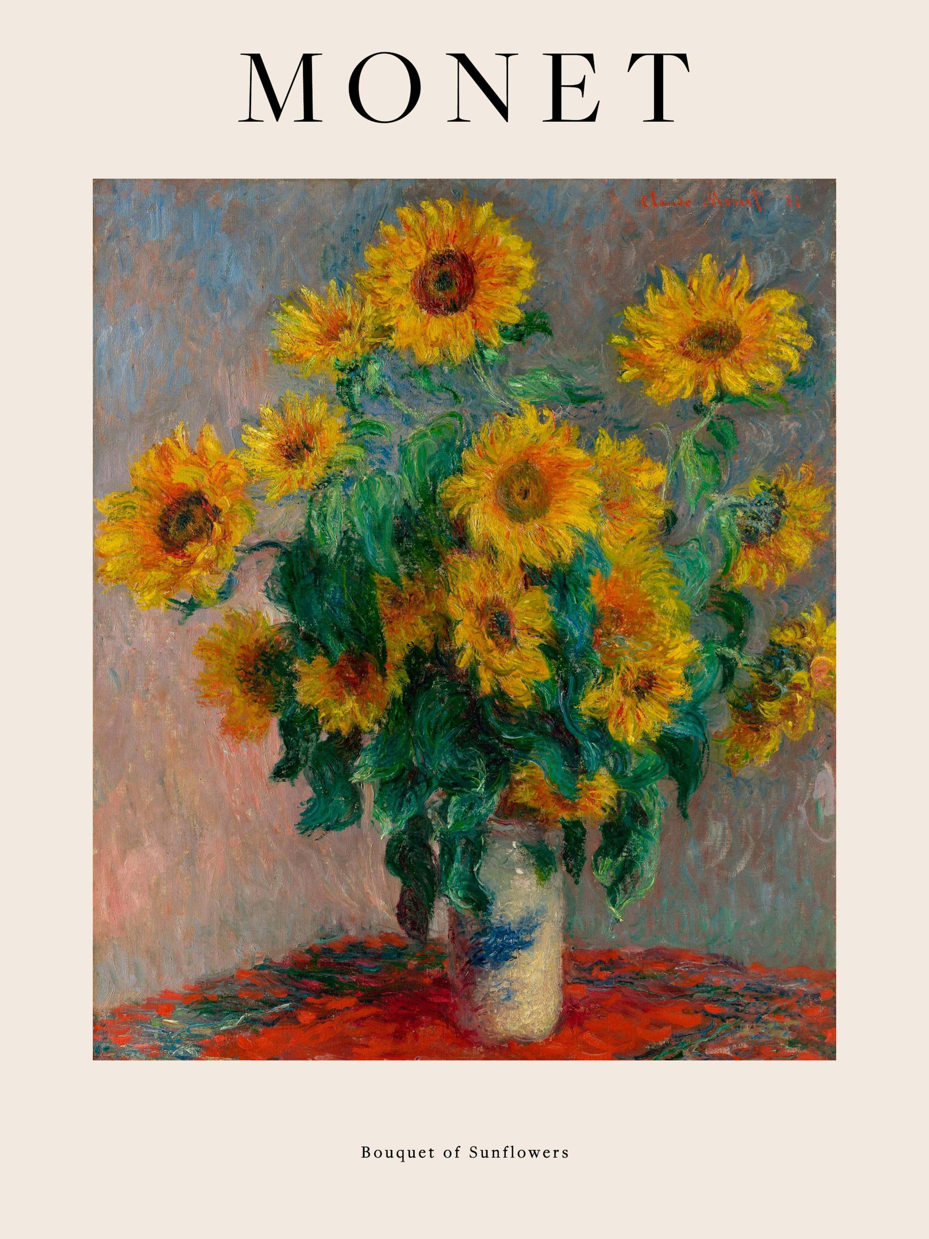 A poster featuring Monets Bouquet of Sunflowers with vibrant yellow sunflowers in a vase on a red table.