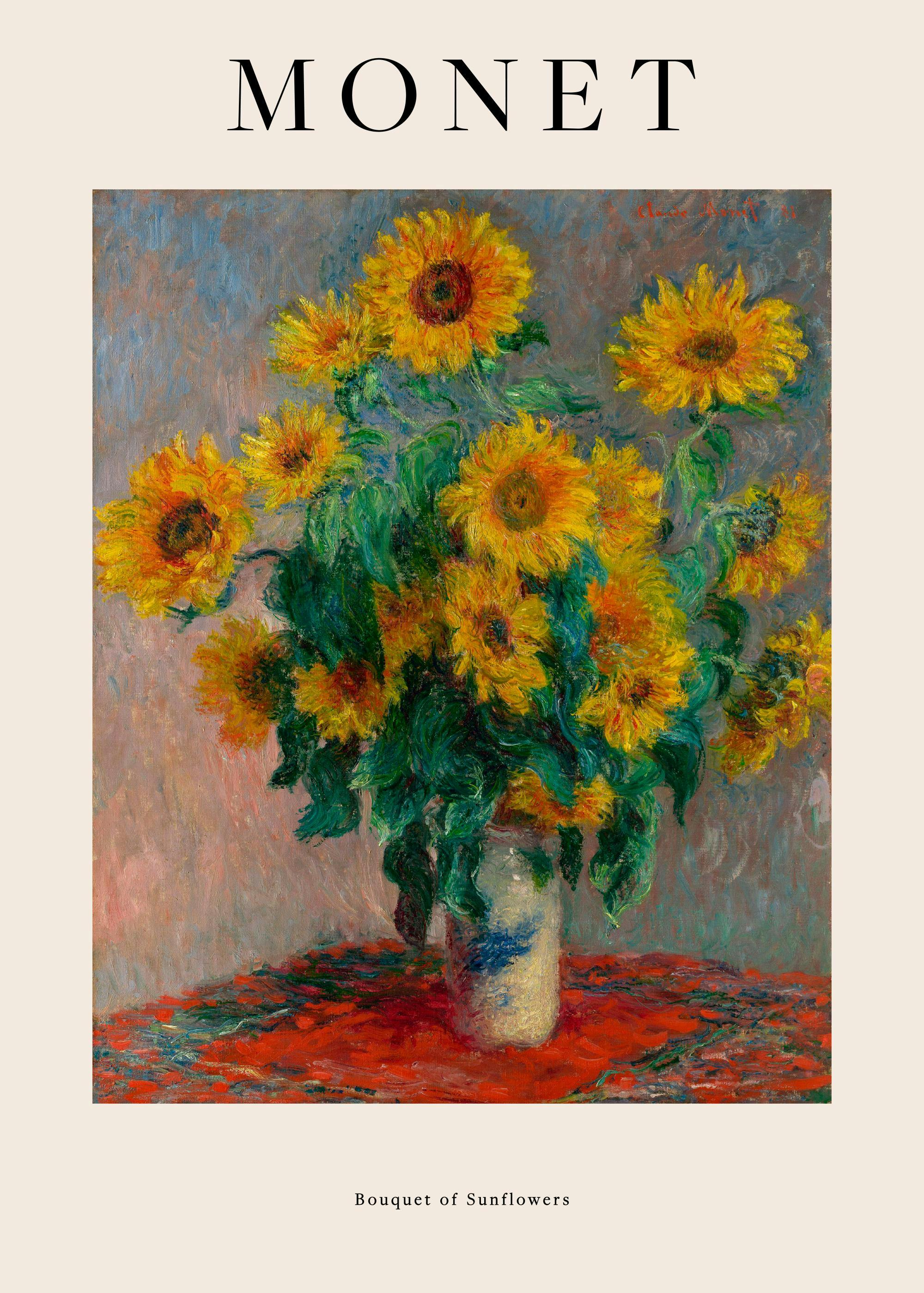Een poster met Monets schilderij Boeket Zonnebloemen in een vaas op een rode tafel.