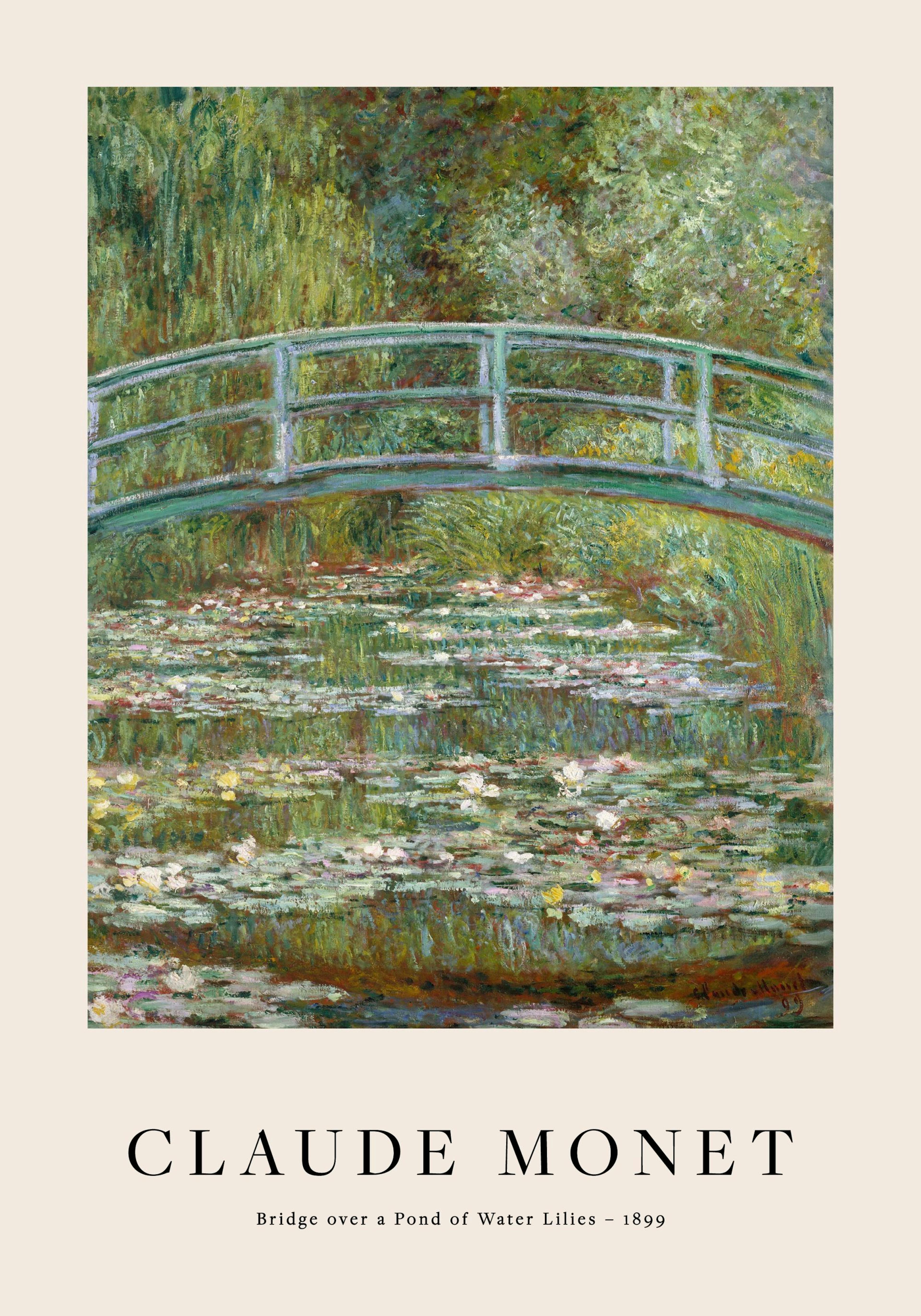 A poster featuring Claude Monets Bridge over a Pond of Water Lilies painting with green bridge and water lilies.