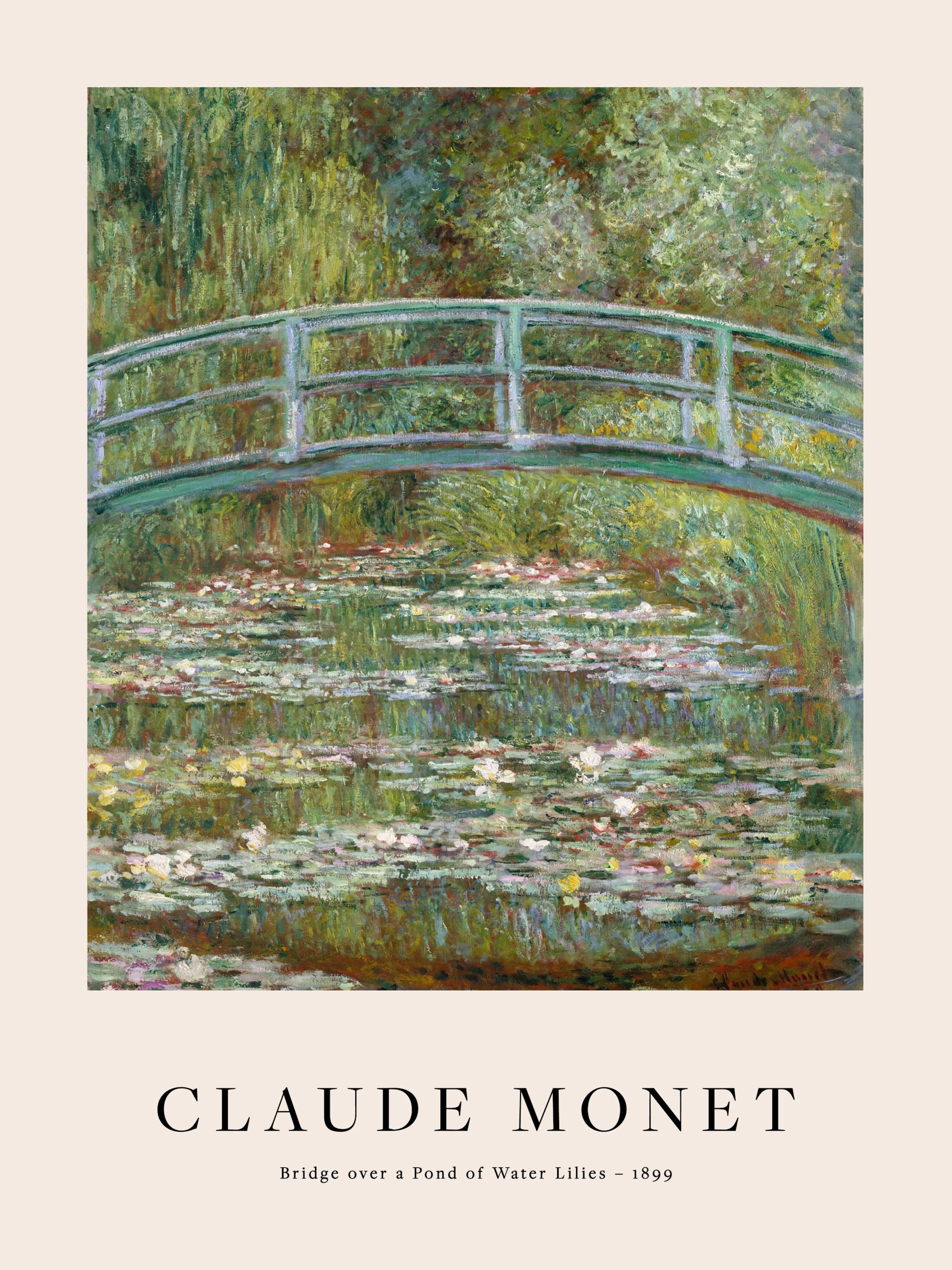 Claude Monet posztere a japán hídról és tavirózsákról festett képpel, bézs háttérrel.