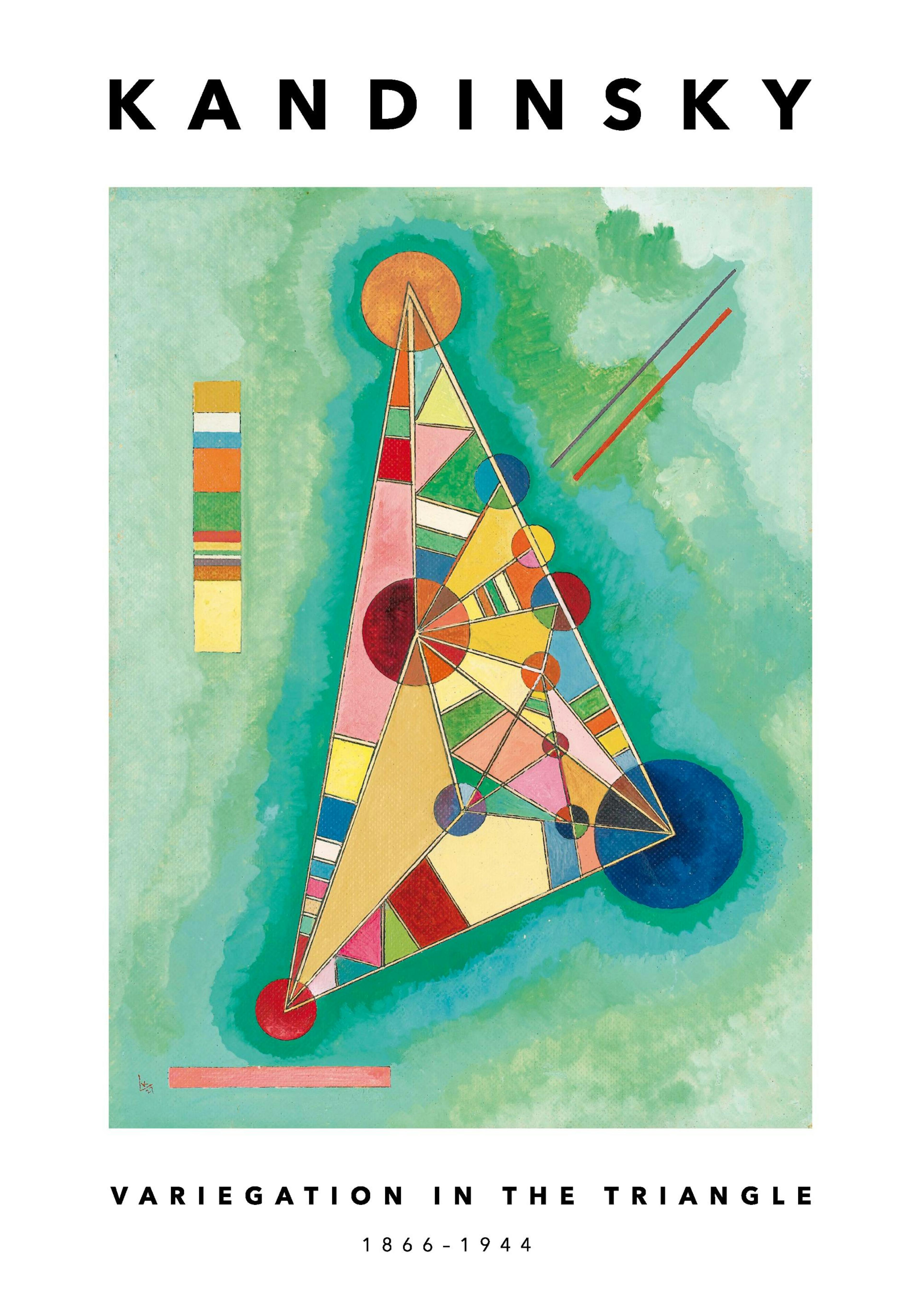 Poster con unopera darte triangolare astratta con forme geometriche e cerchi colorati su sfondo acquamarina e verde.