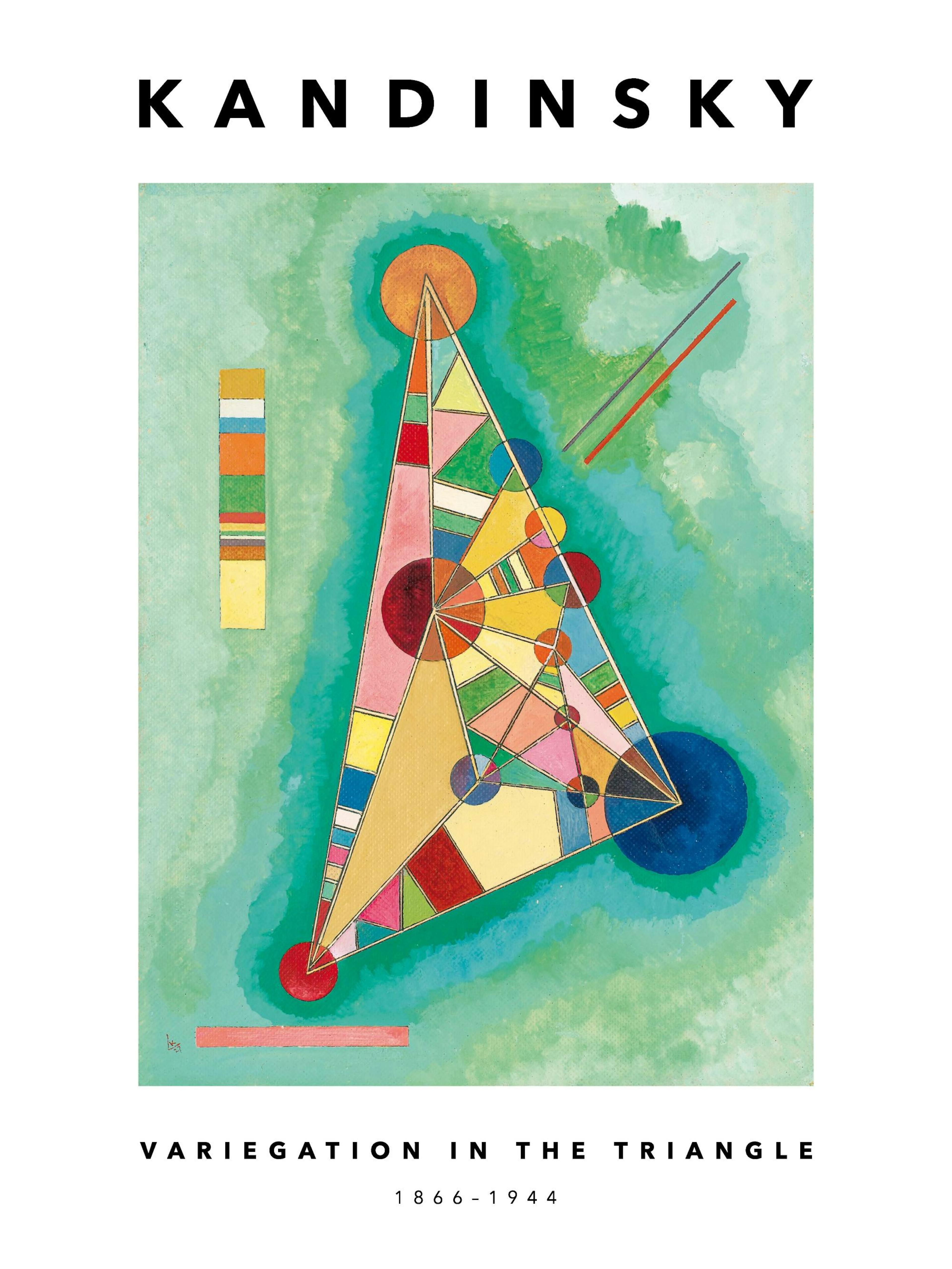 Poster of Kandinskys Variegation in the Triangle, featuring a large colorful geometric triangle against a green and blue backgro
