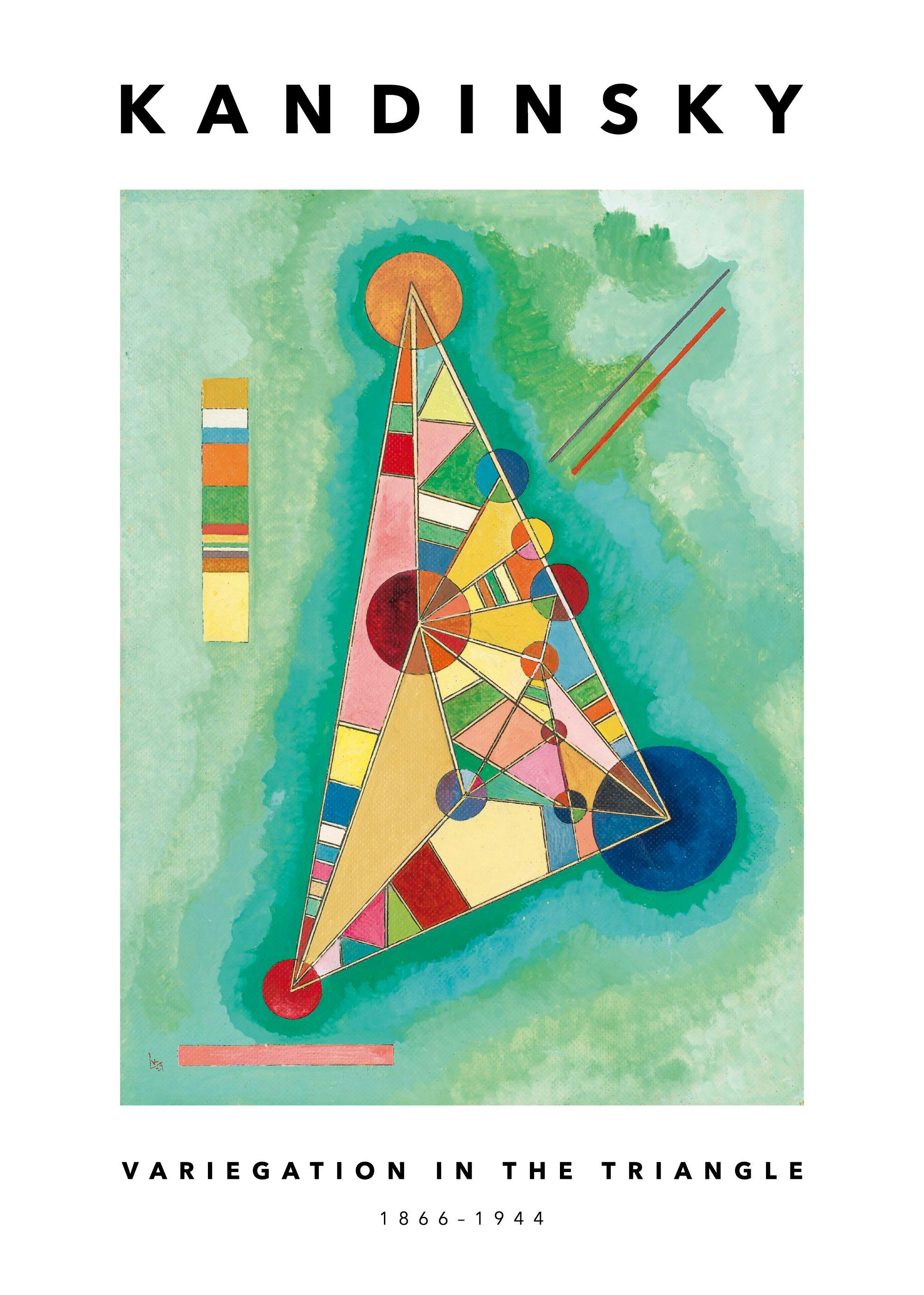 A poster featuring Kandinskys Variegation in the Triangle with geometric shapes and circles in a vibrant colour palette.