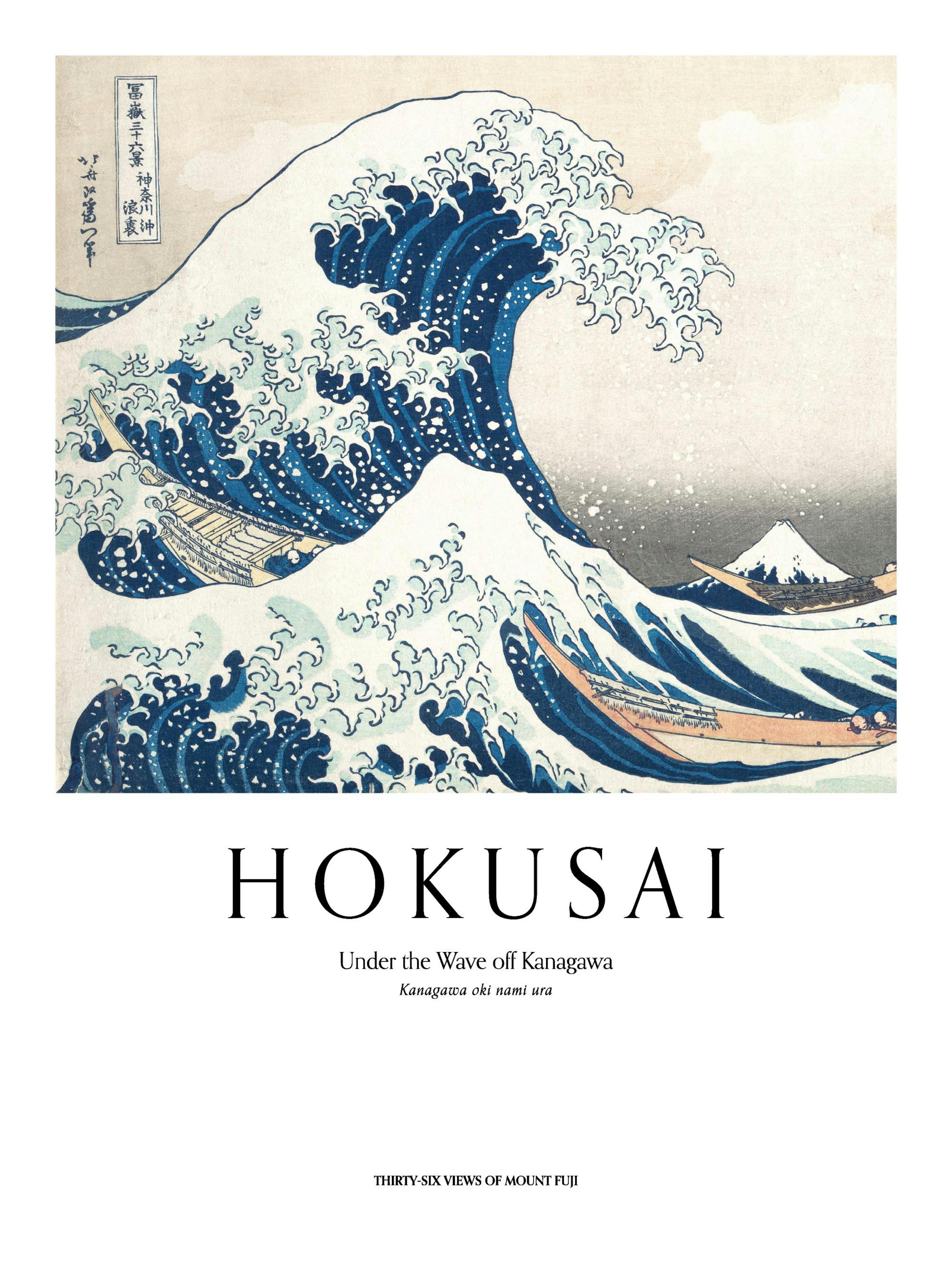 Plakát s japonským uměním. Zobrazuje Velkou vlnu u Kanagawy od Hokusai. Modrobílá vlna s loděmi a horou Fudži v pozadí.