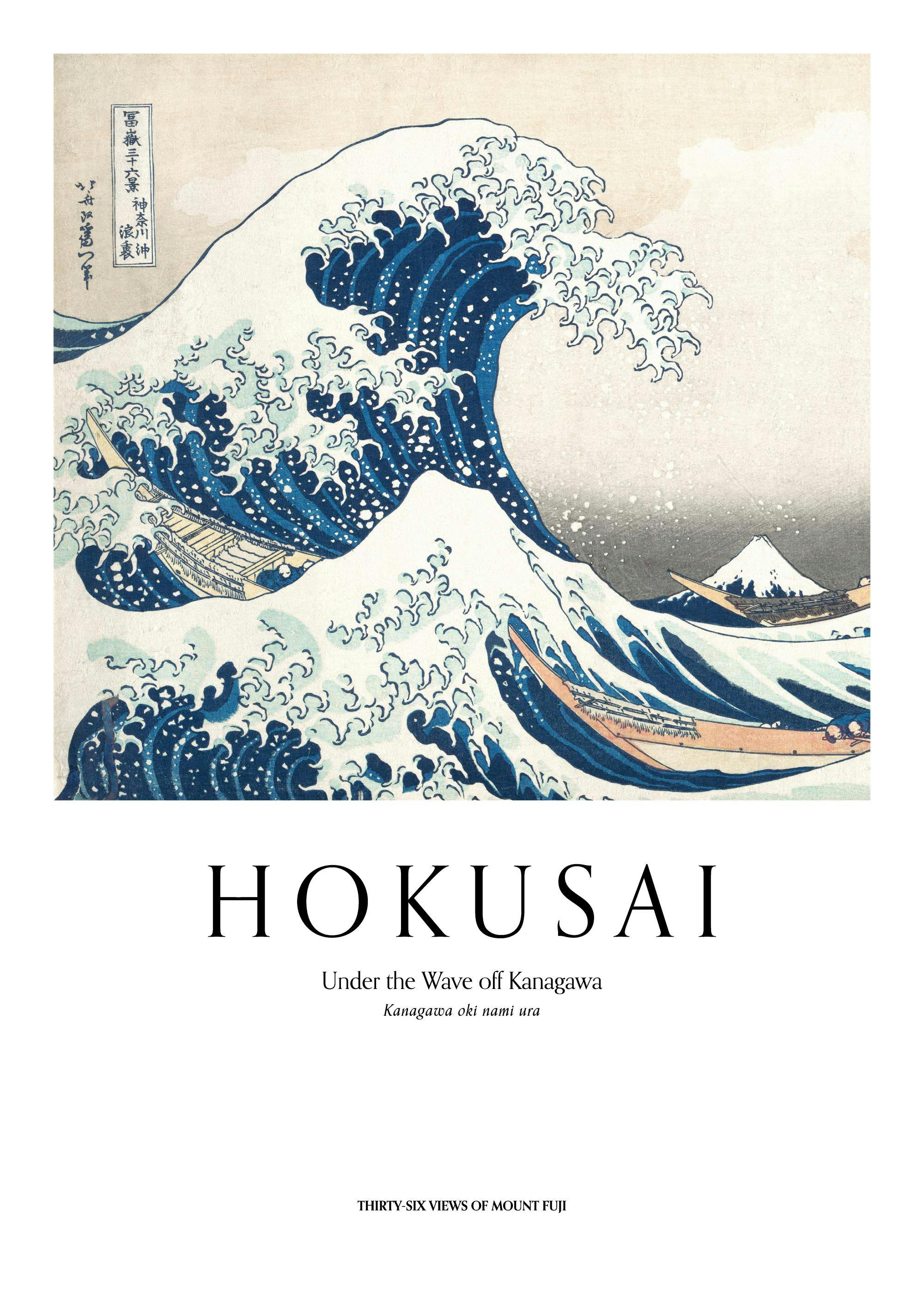 Poster: Hokusais Die Große Welle vor Kanagawa mit blauen Wellen, Booten und dem Berg Fuji.