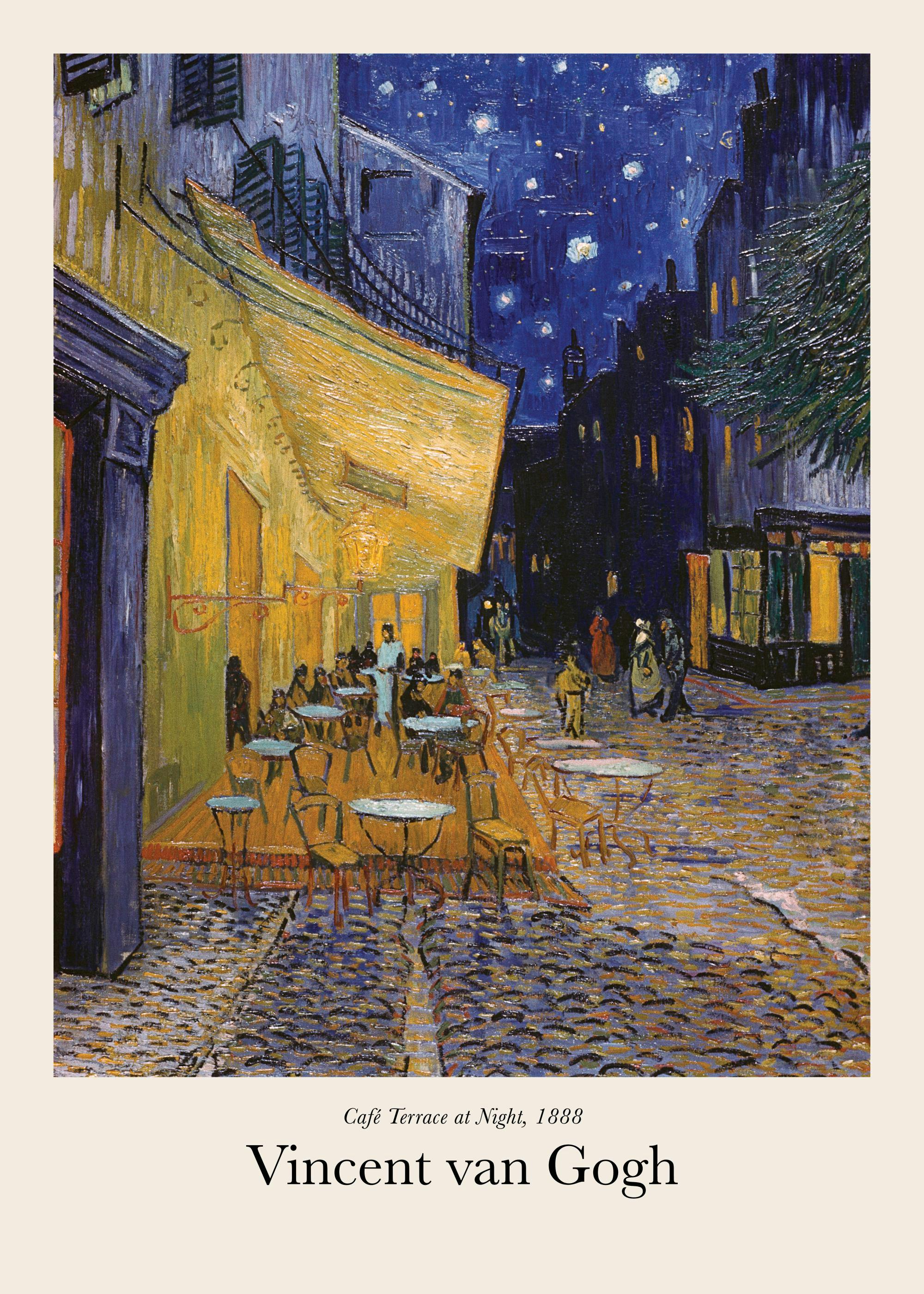 Poster: Van Goghs Caféterrasse bei Nacht mit hell erleuchtetem Café und sternklarem, blauem Himmel.