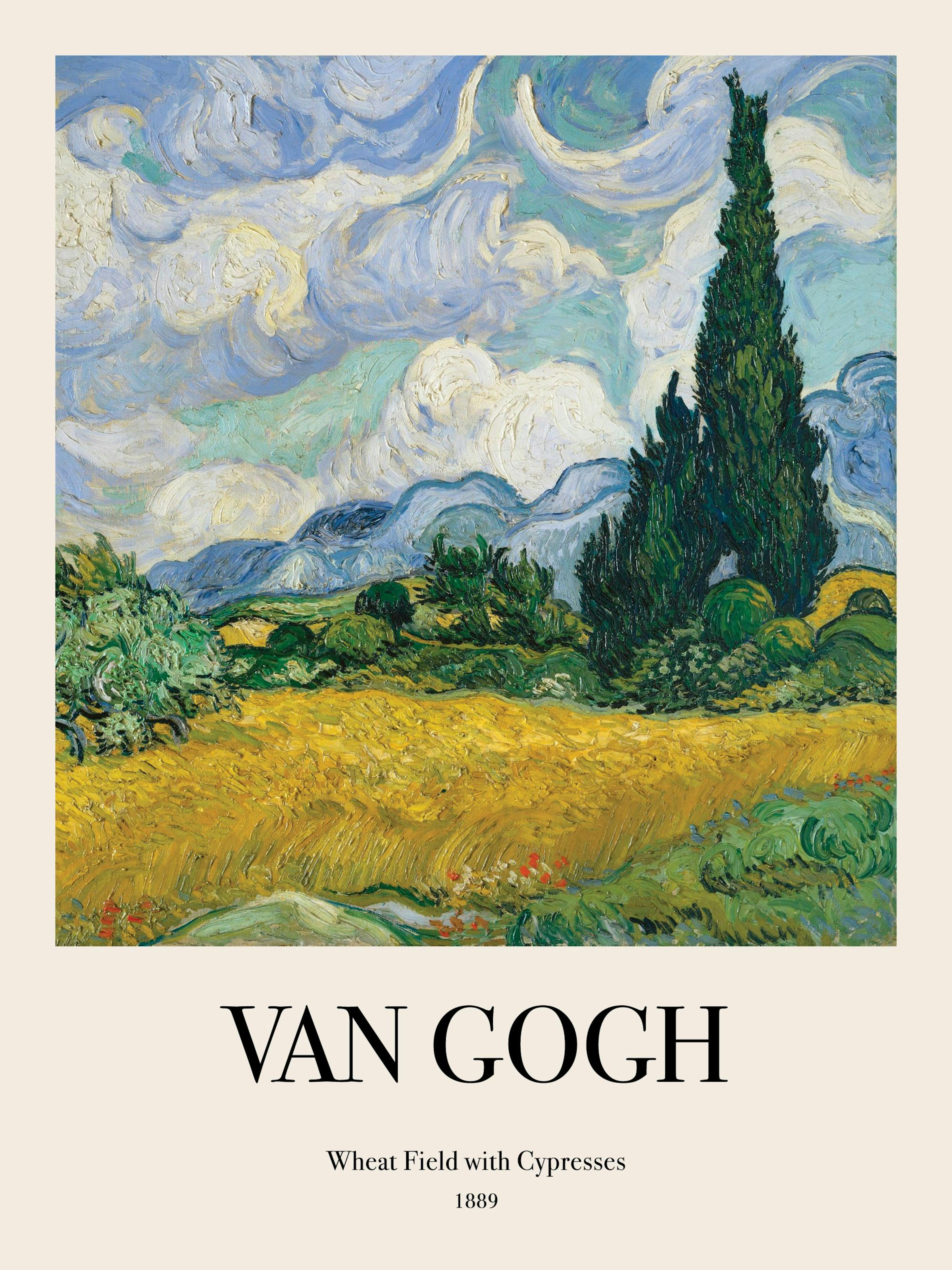 Poster du champ de blé avec cyprès de Van Gogh, ciel tourbillonnant et montagnes bleues.