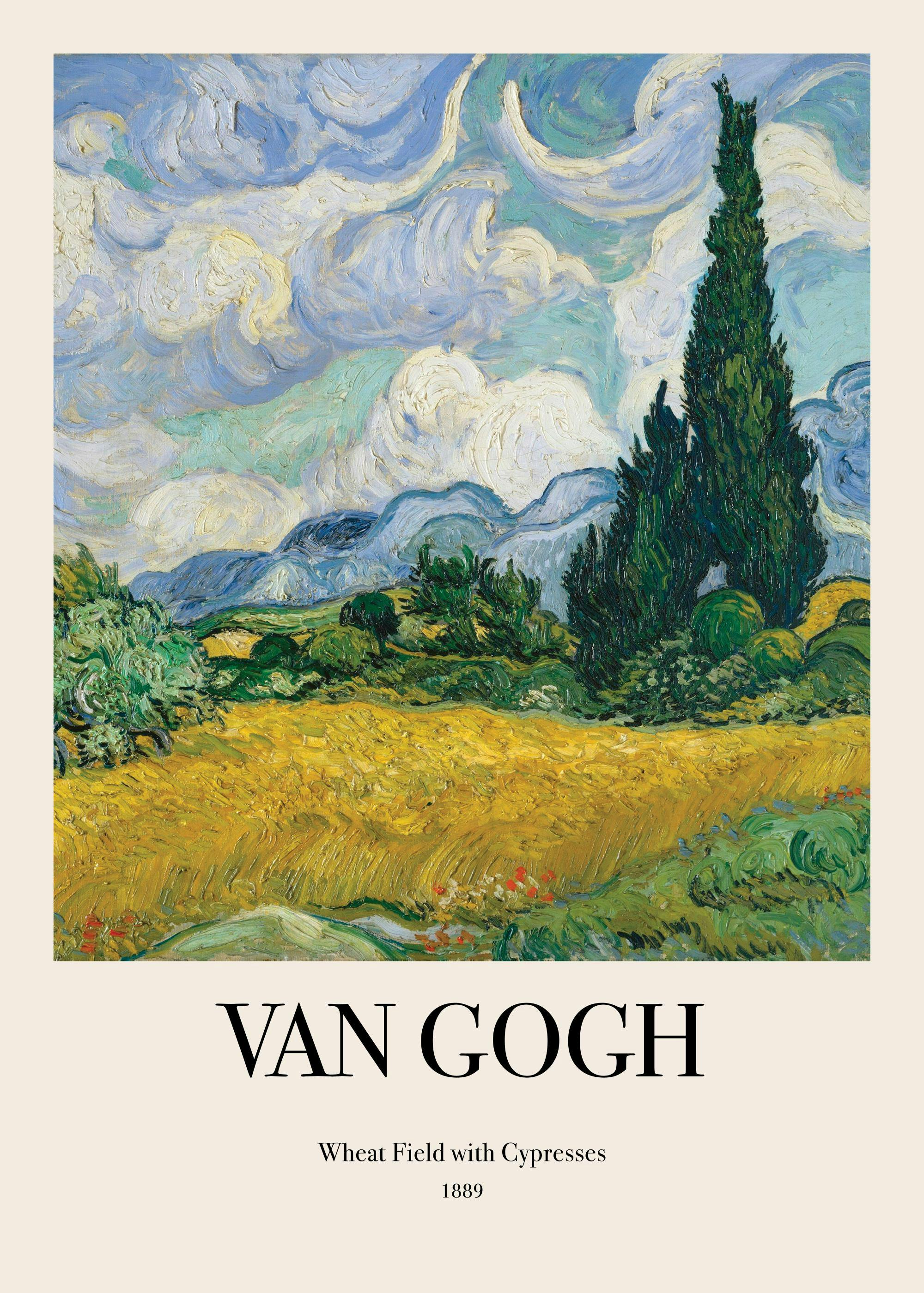 En poster av Van Goghs Wheat Field with Cypresses med ett gult vetefält under en blå himmel med vita moln och gröna cypresser.