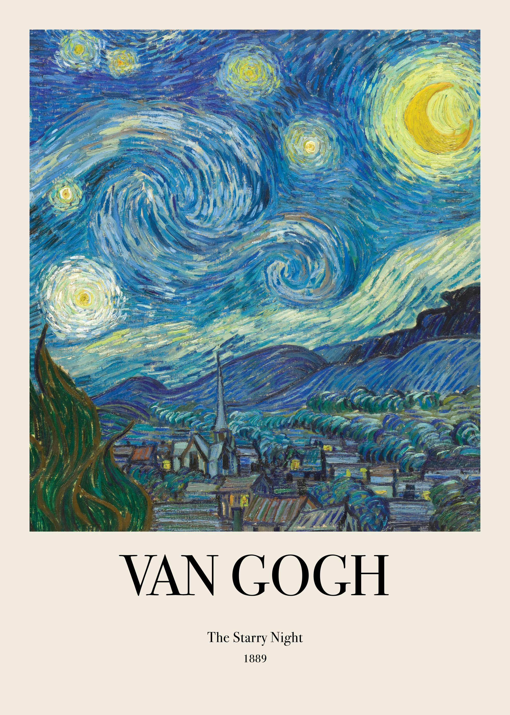 A poster featuring Van Goghs The Starry Night painting, with a swirling blue sky, bright stars, and a village.