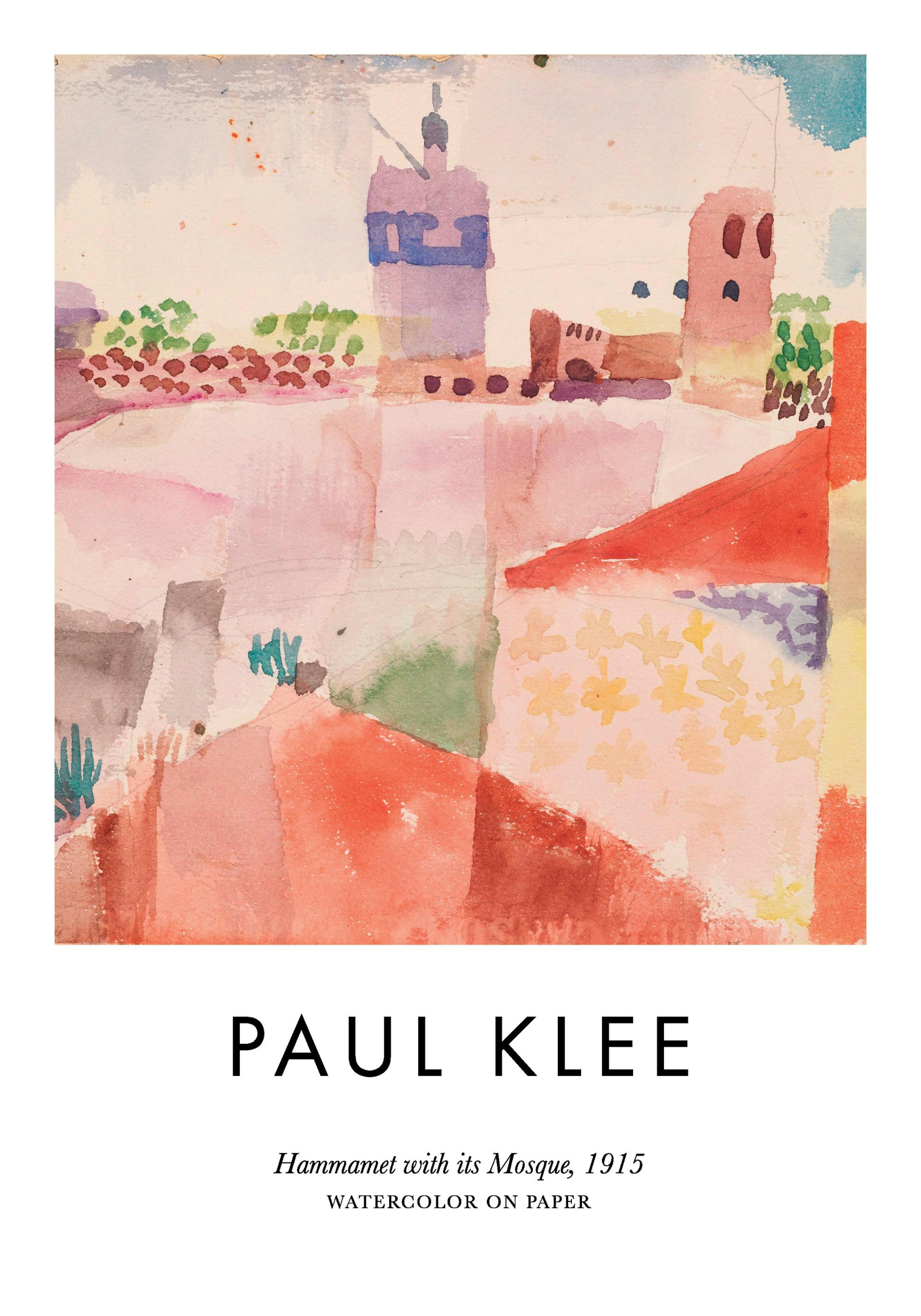 A Paul Klee poster with abstract red, pink, and orange shapes, depicting a village with a mosque, hanging above a wooden shelf w