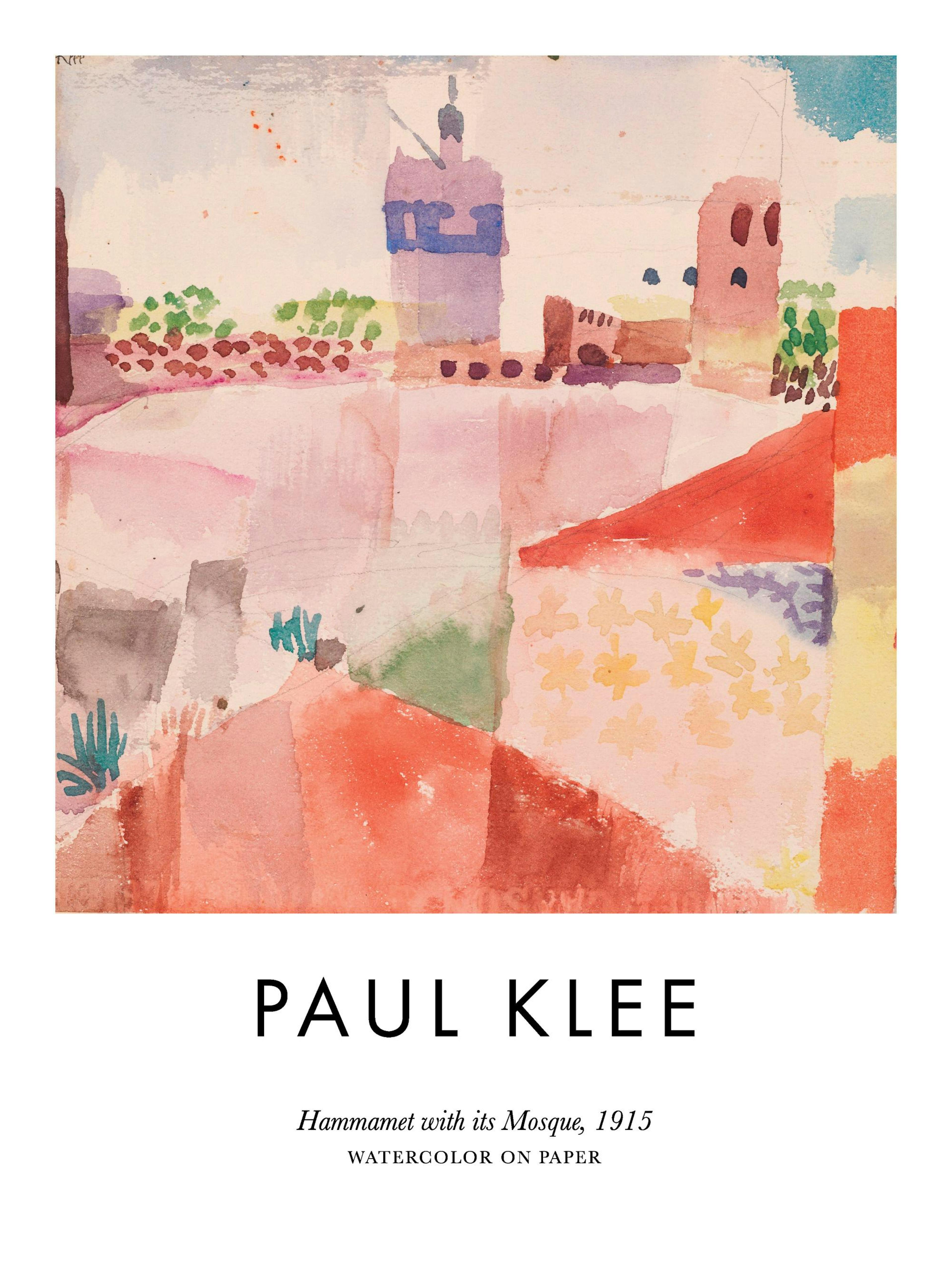A poster featuring a watercolor painting by Paul Klee of a pink and red village with a purple mosque under a light sky.