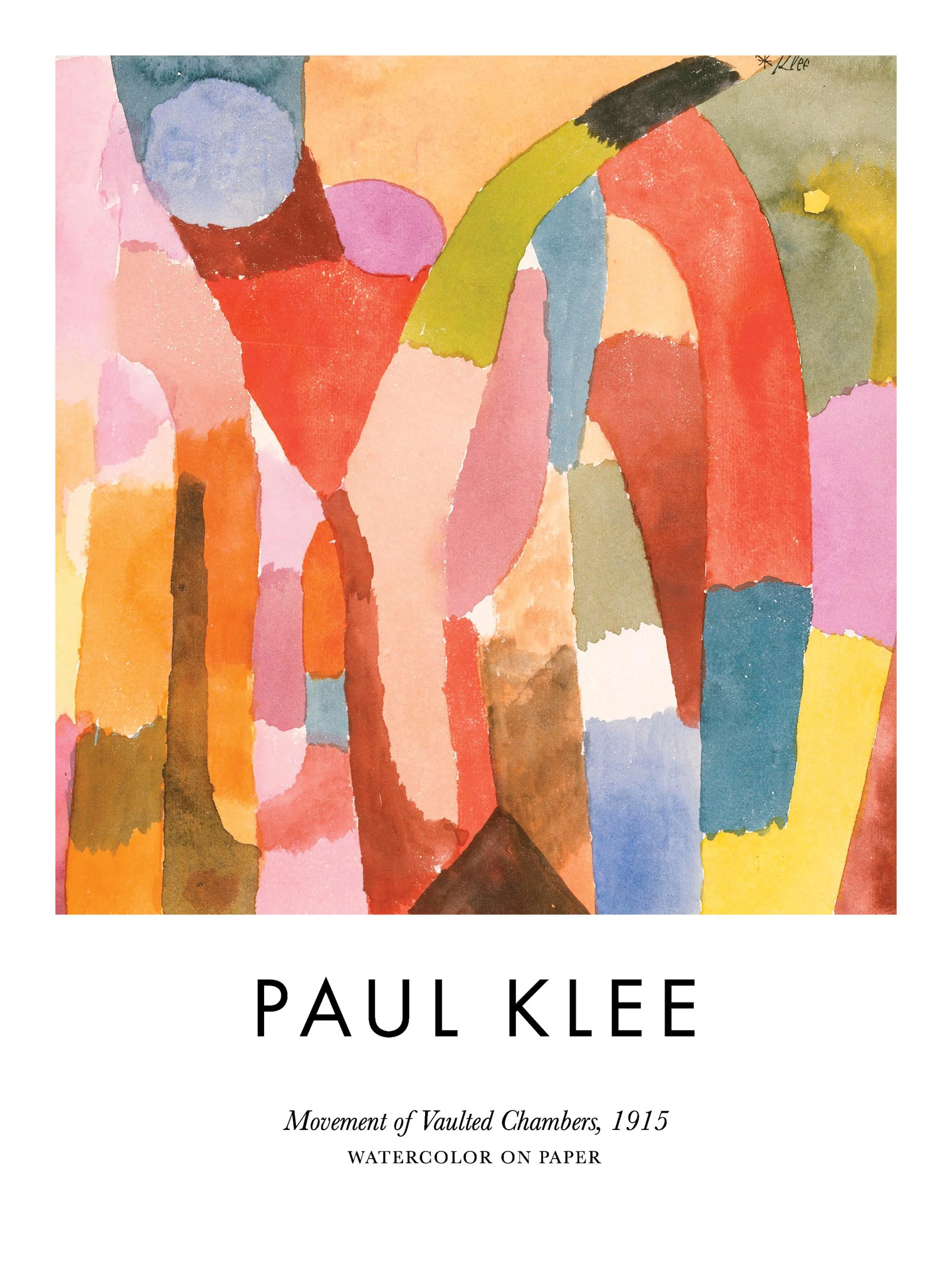 Póster de Movement of Vaulted Chambers, 1915 de Paul Klee con formas abstractas en acuarela de varios colores.