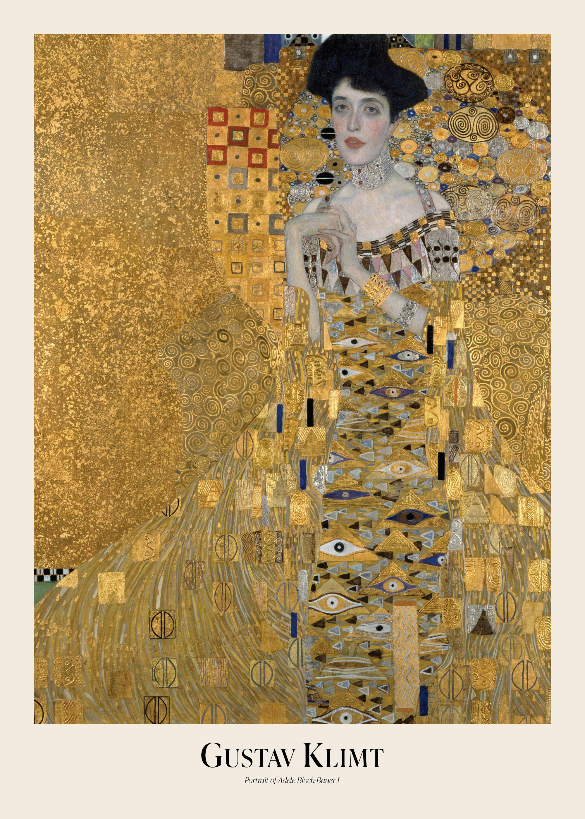 Een poster van Gustav Klimts Portret van Adele Bloch-Bauer I, met gouden, geometrische en spiraalvormige patronen.