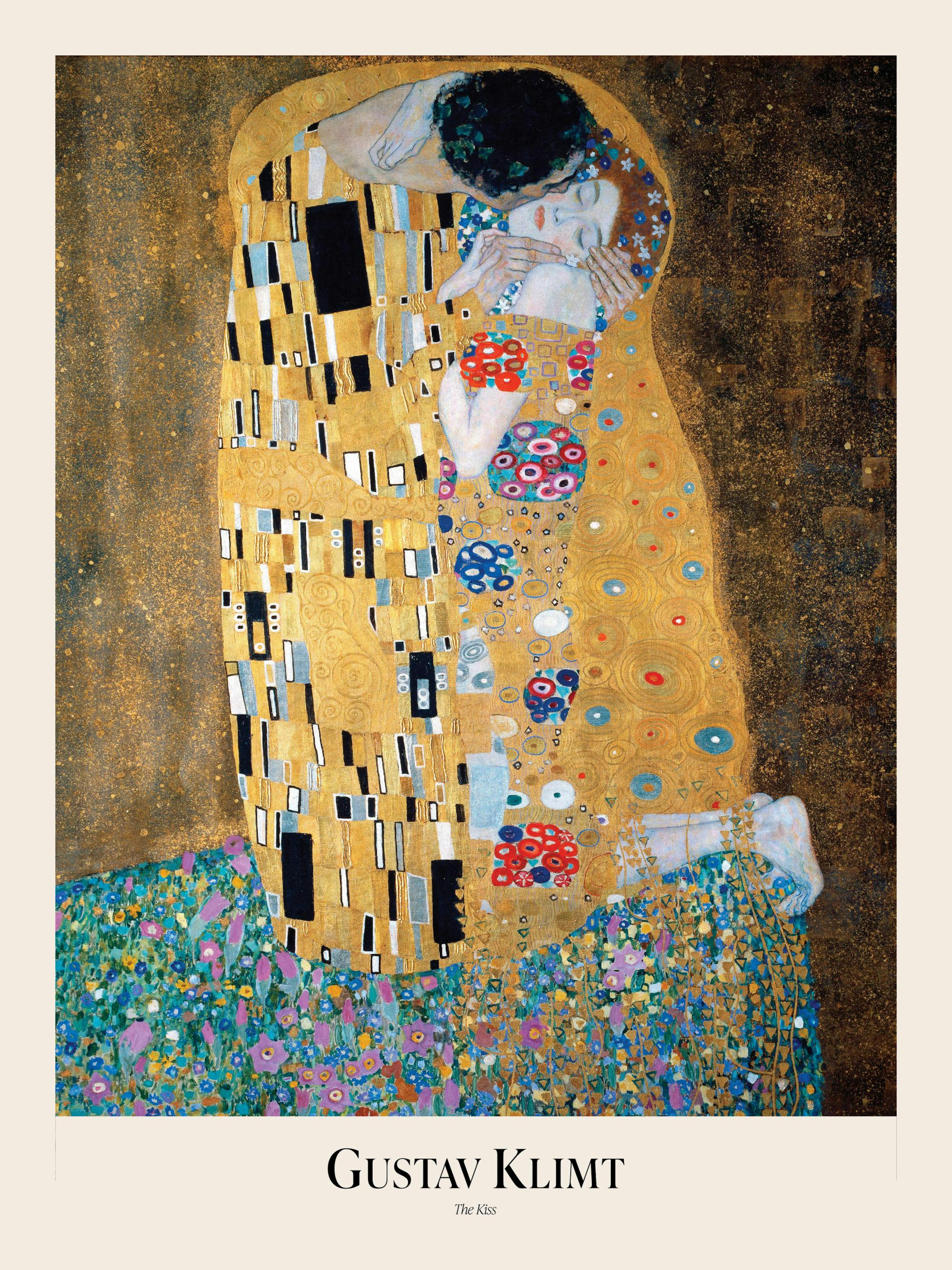 A poster featuring Gustav Klimts The Kiss, a couple embracing, with golden and floral patterns.