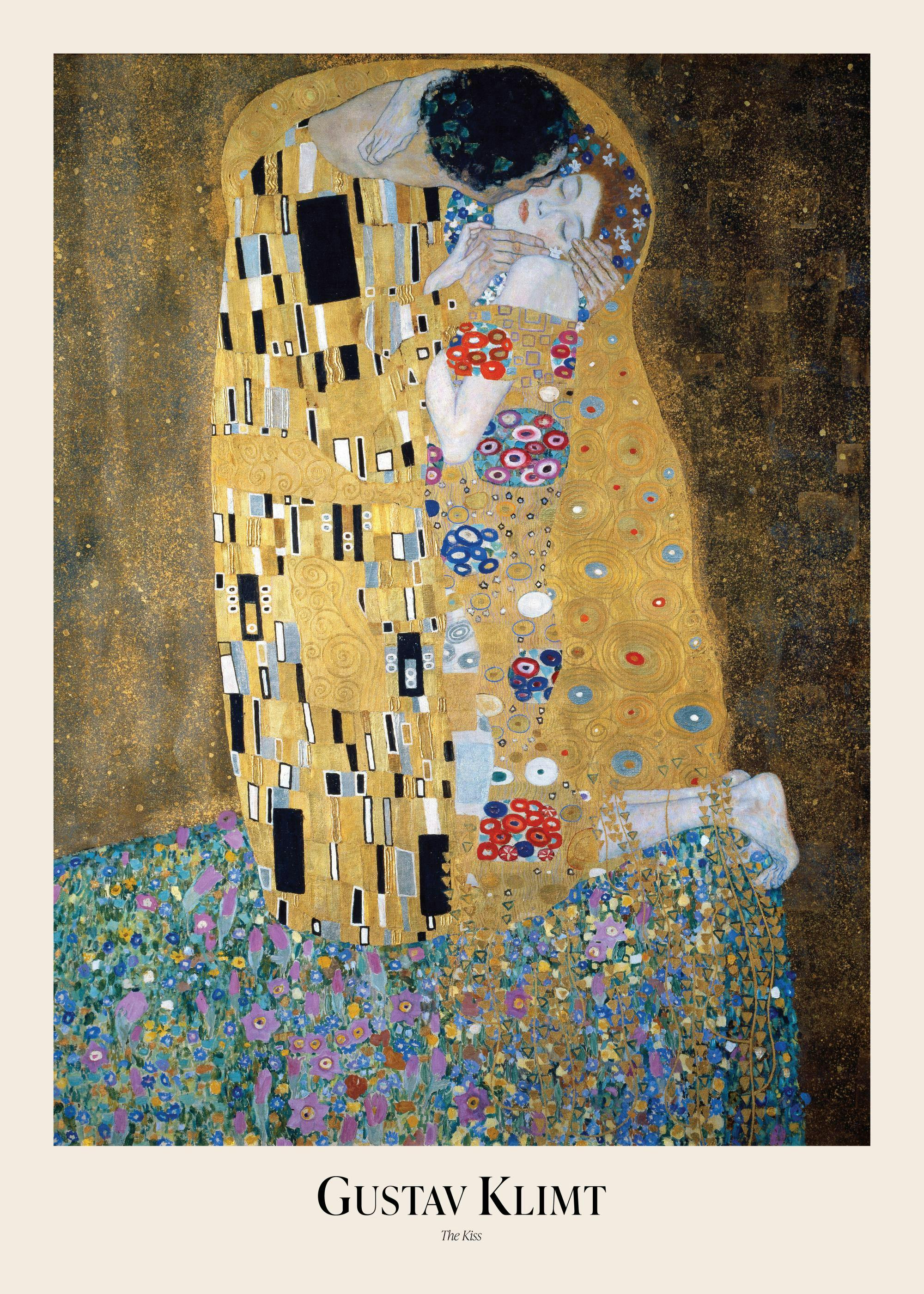 Poster von Gustav Klimts Der Kuss, ein goldverziertes Paar, das sich in einer floralen Wiese umarmt.