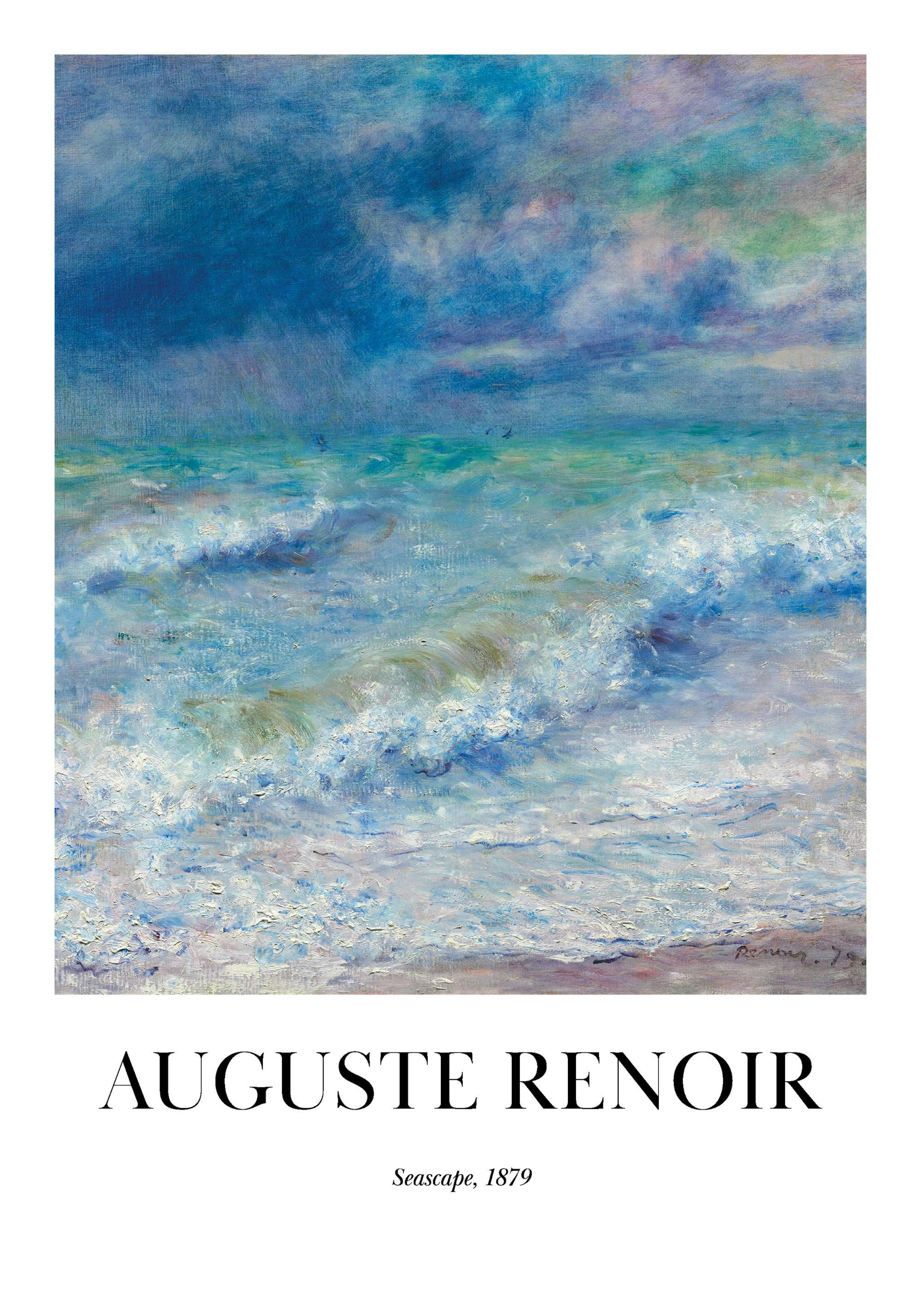 Póster de una pintura al óleo de Renoir con cielo azul oscuro, mar azul turquesa y olas blancas espumosas.