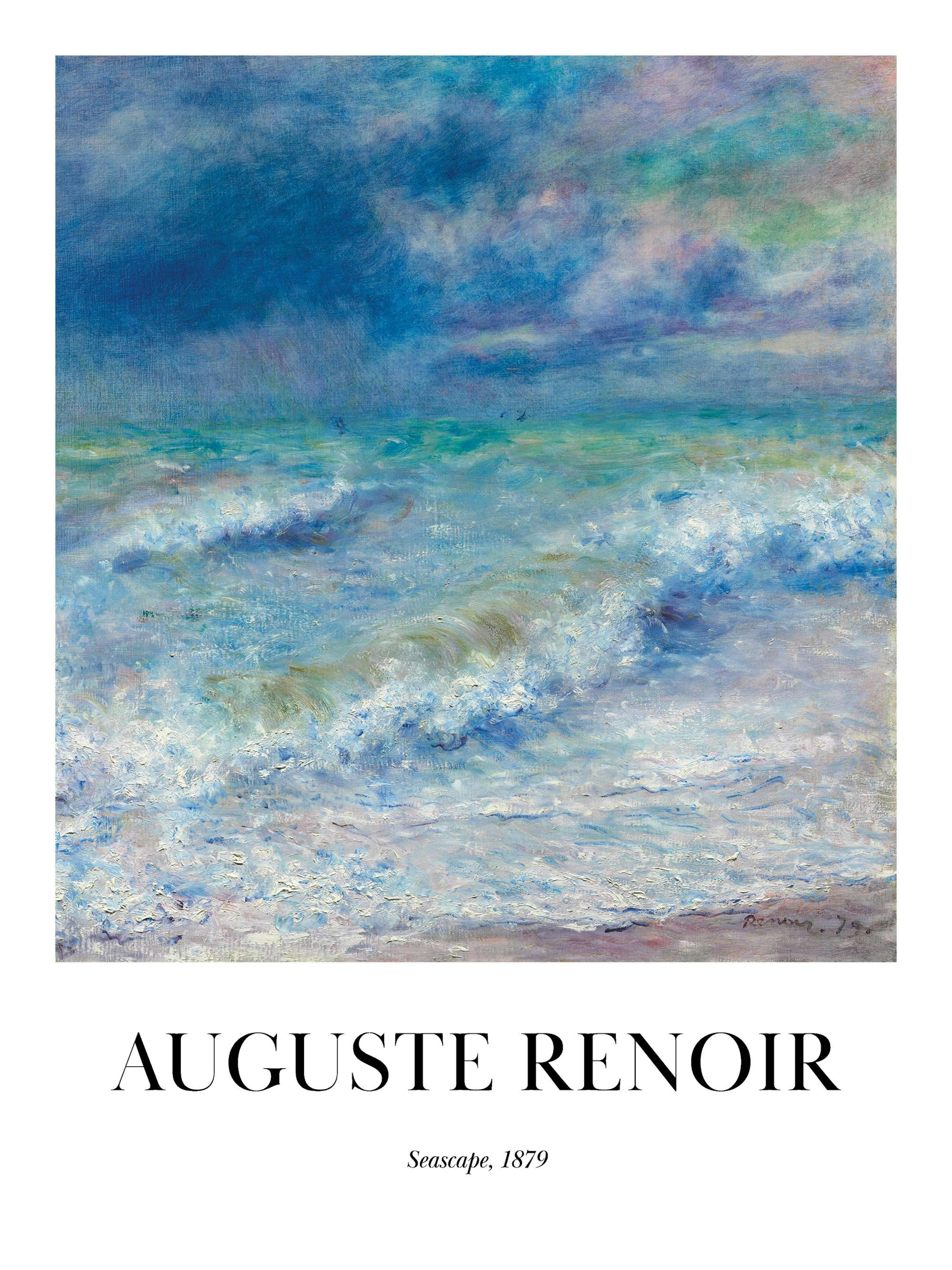 En plakat af en impressionistisk havudsigt med mørkeblå skyer, lyseblåt hav og hvide bølgetoppe.