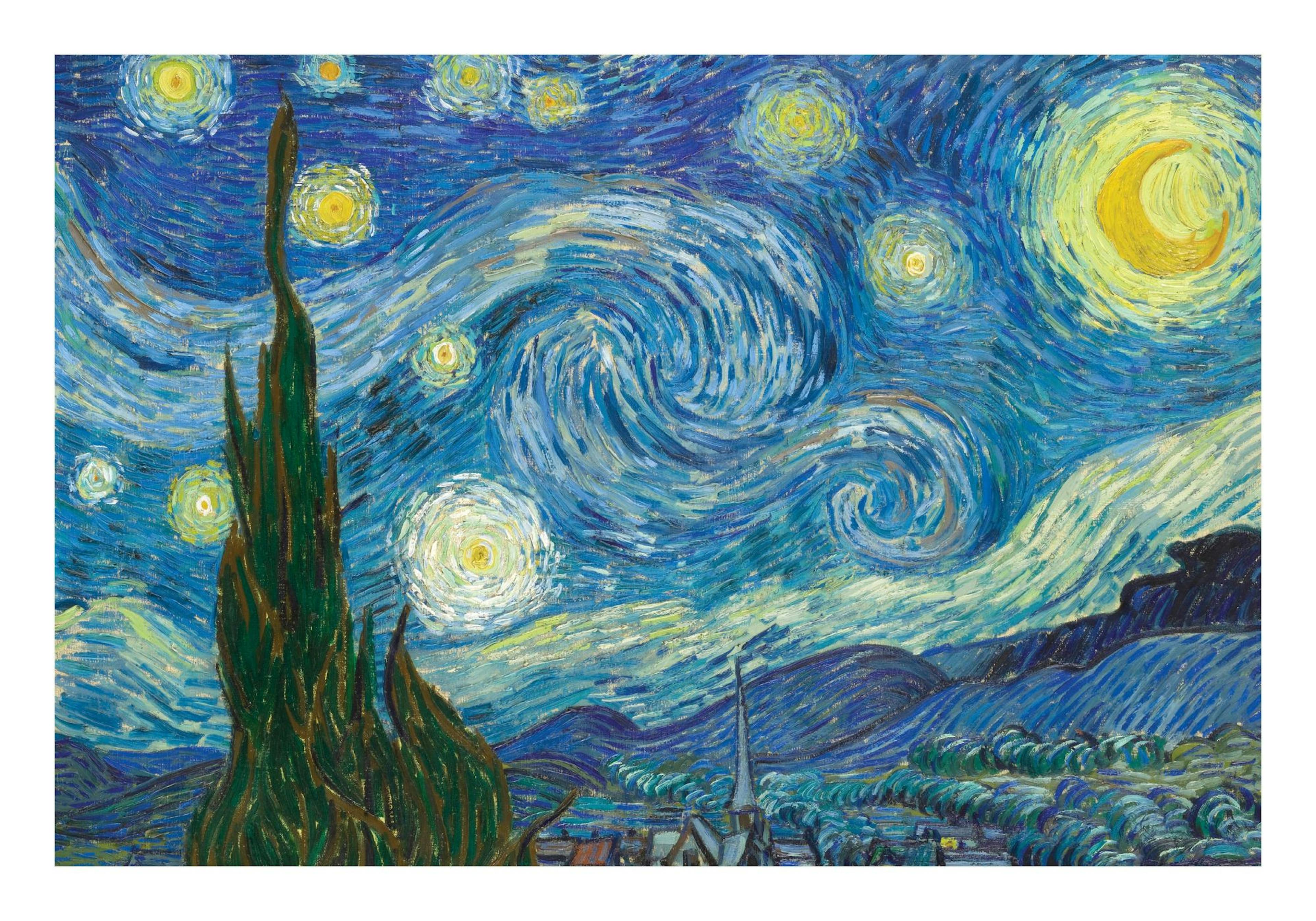 A poster depicting Van Goghs The Starry Night with a dark cypress tree against a swirling blue sky, bright stars, and a crescent