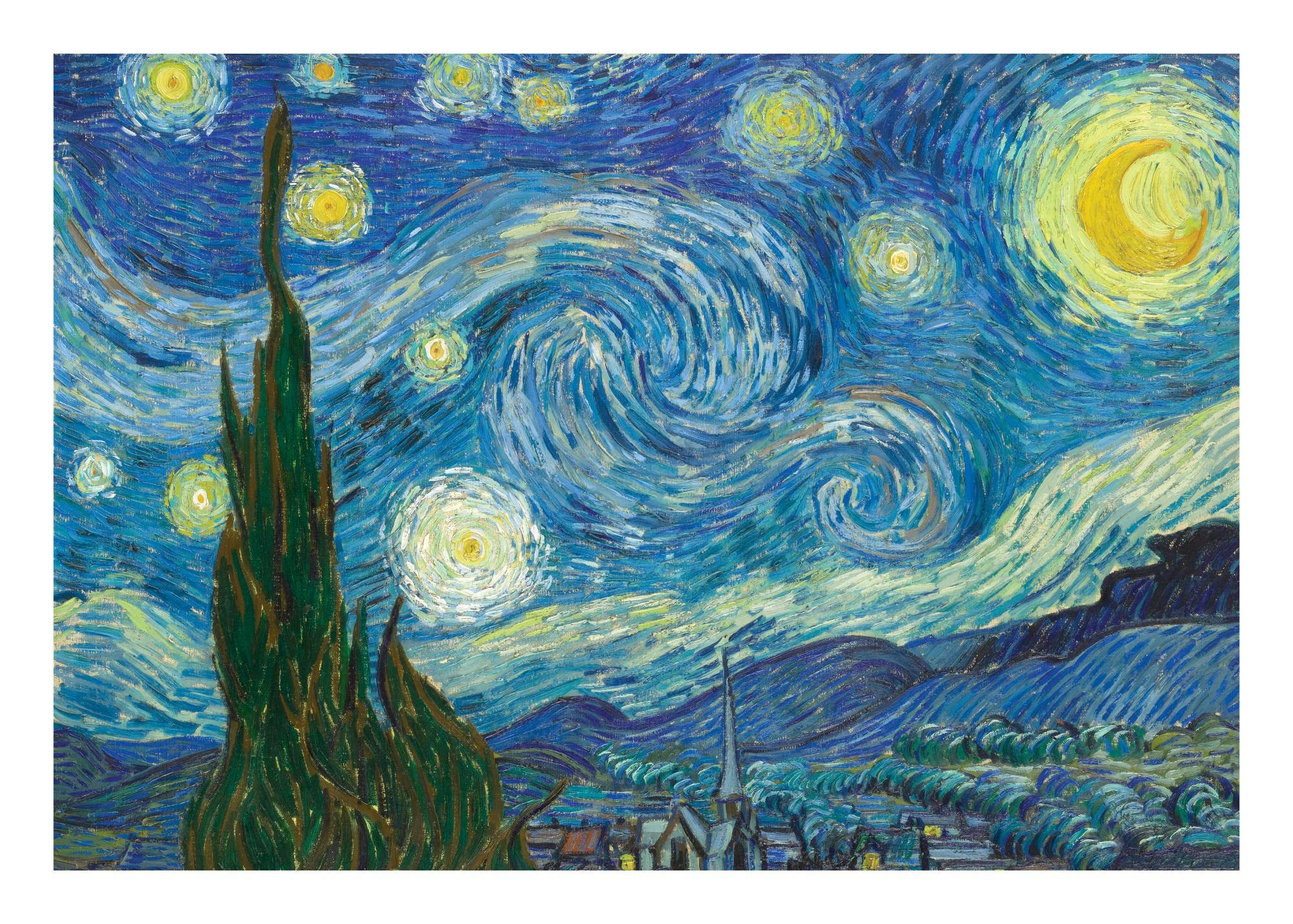 Poster: Van Goghs Sternennacht mit wirbelndem Himmel, leuchtenden Sternen, Zypresse und Dorf.
