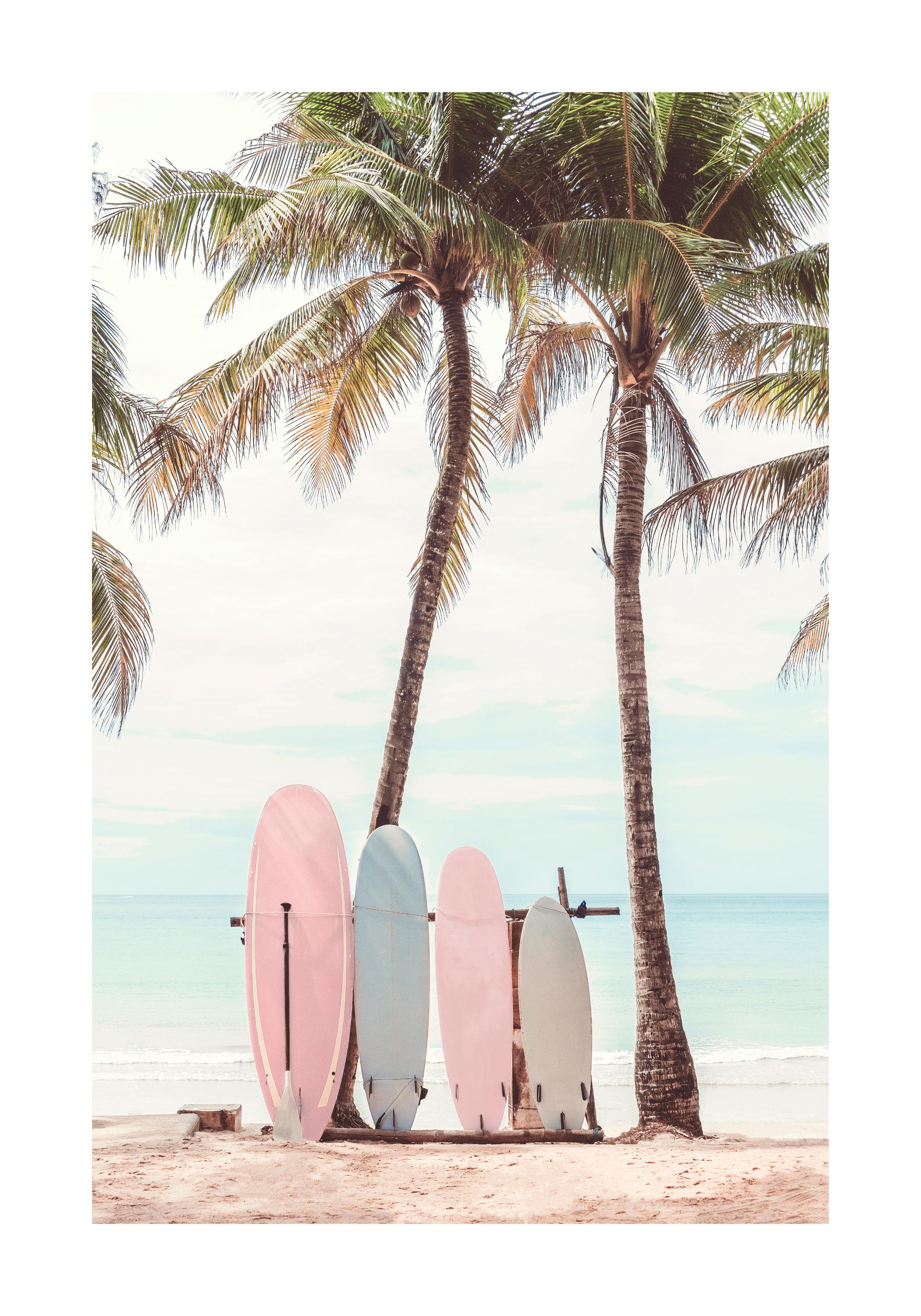フォトパネル Surfboard on the beach at sunset Colorful Surfboard on Tropical Beach at Sunset Sky, Summer