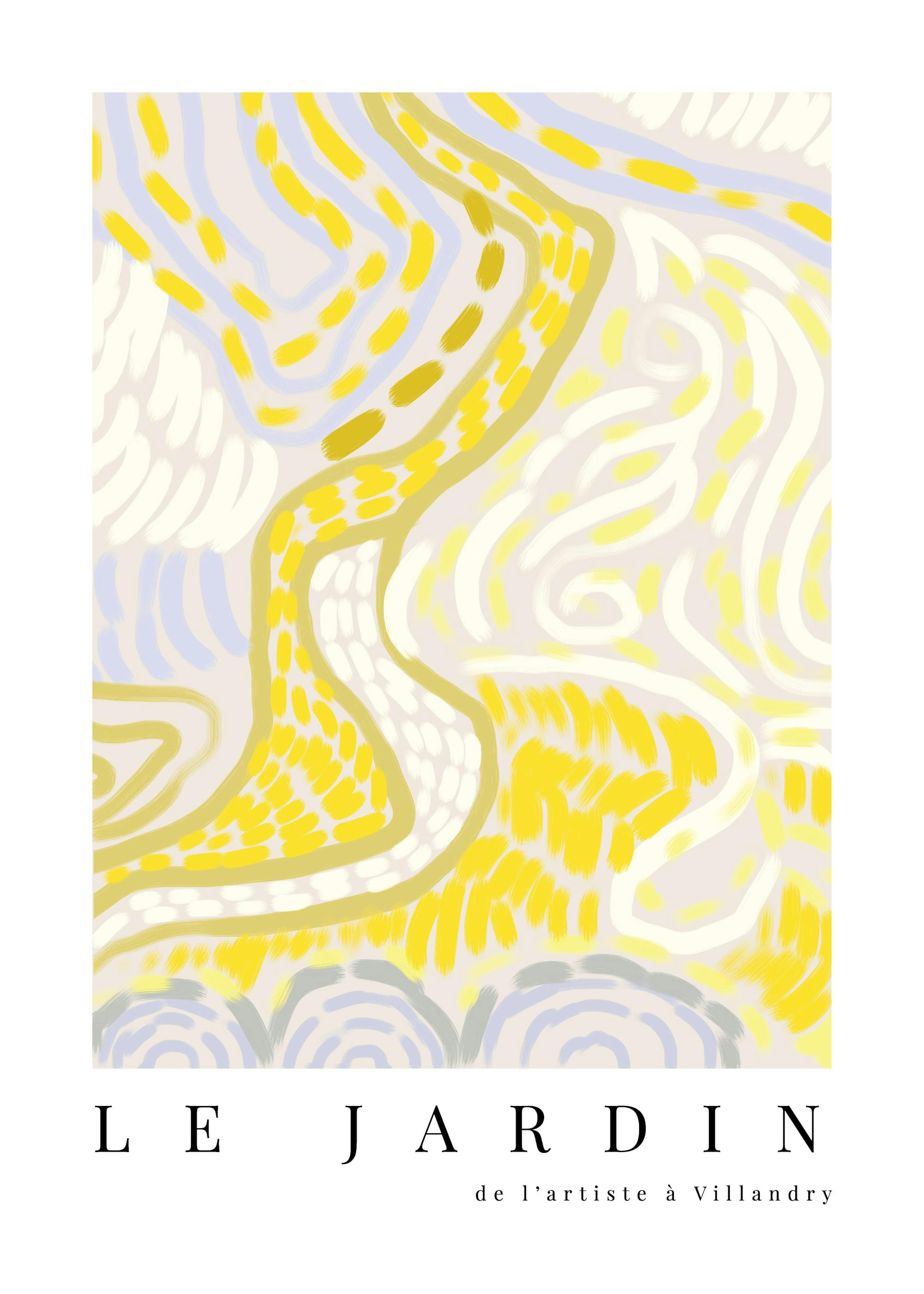 A poster featuring abstract yellow, white, and pale blue brushstrokes creating wavy lines on a light background, with LE JARDIN 