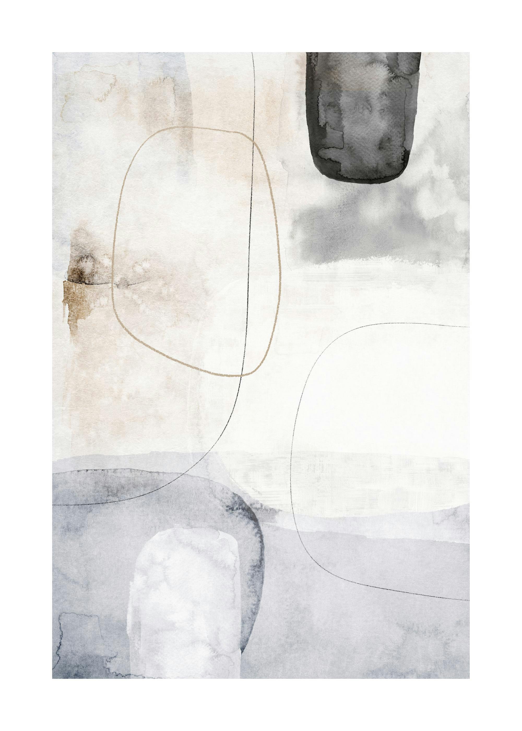 Póster abstracto con formas orgánicas en tonos grises, beige y blanco, con líneas finas y curvas.