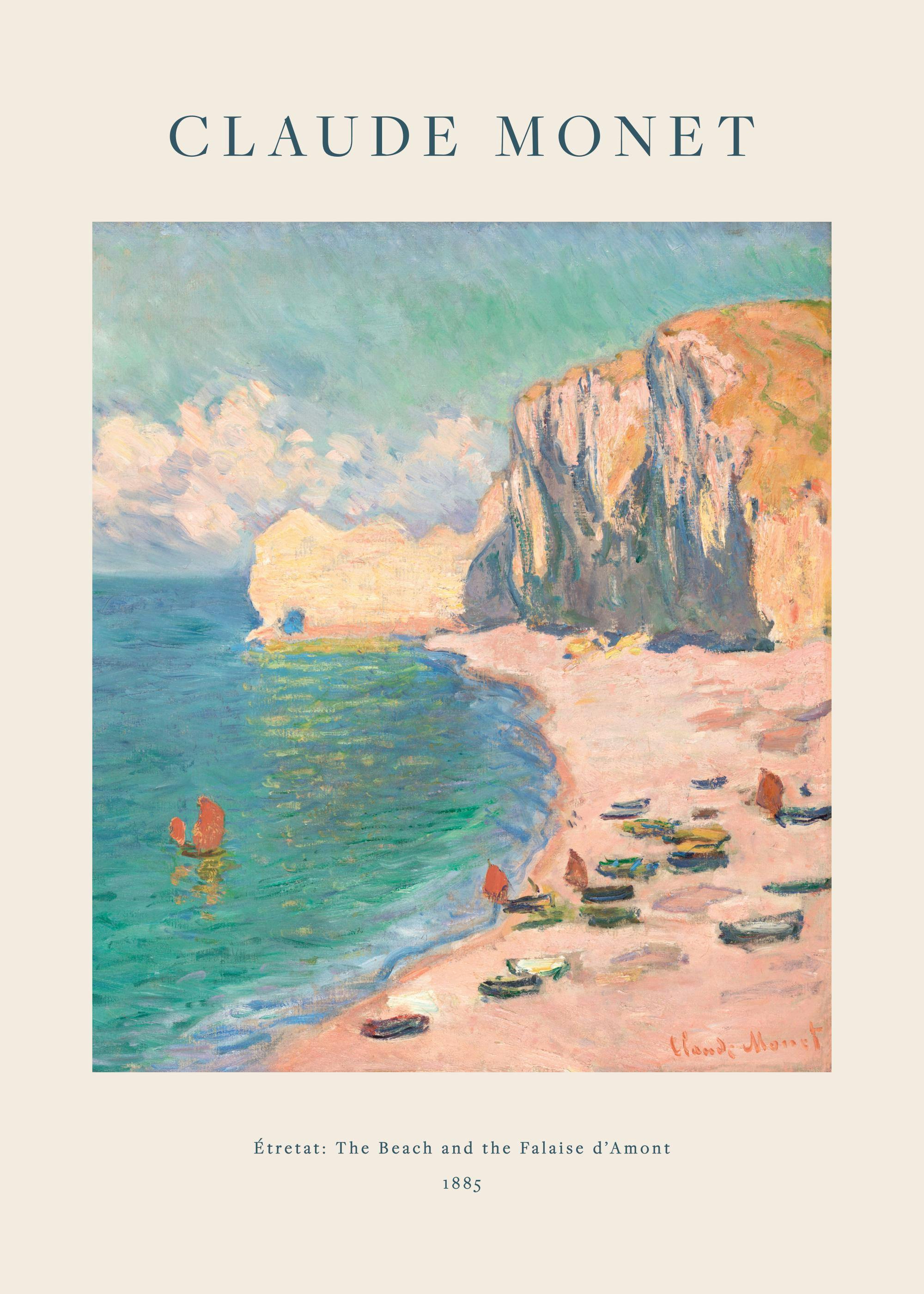 Un poster del dipinto di Claude Monet Étretat: La Spiaggia e la Falaise dAmont, con scogliere e barche sulla spiaggia.