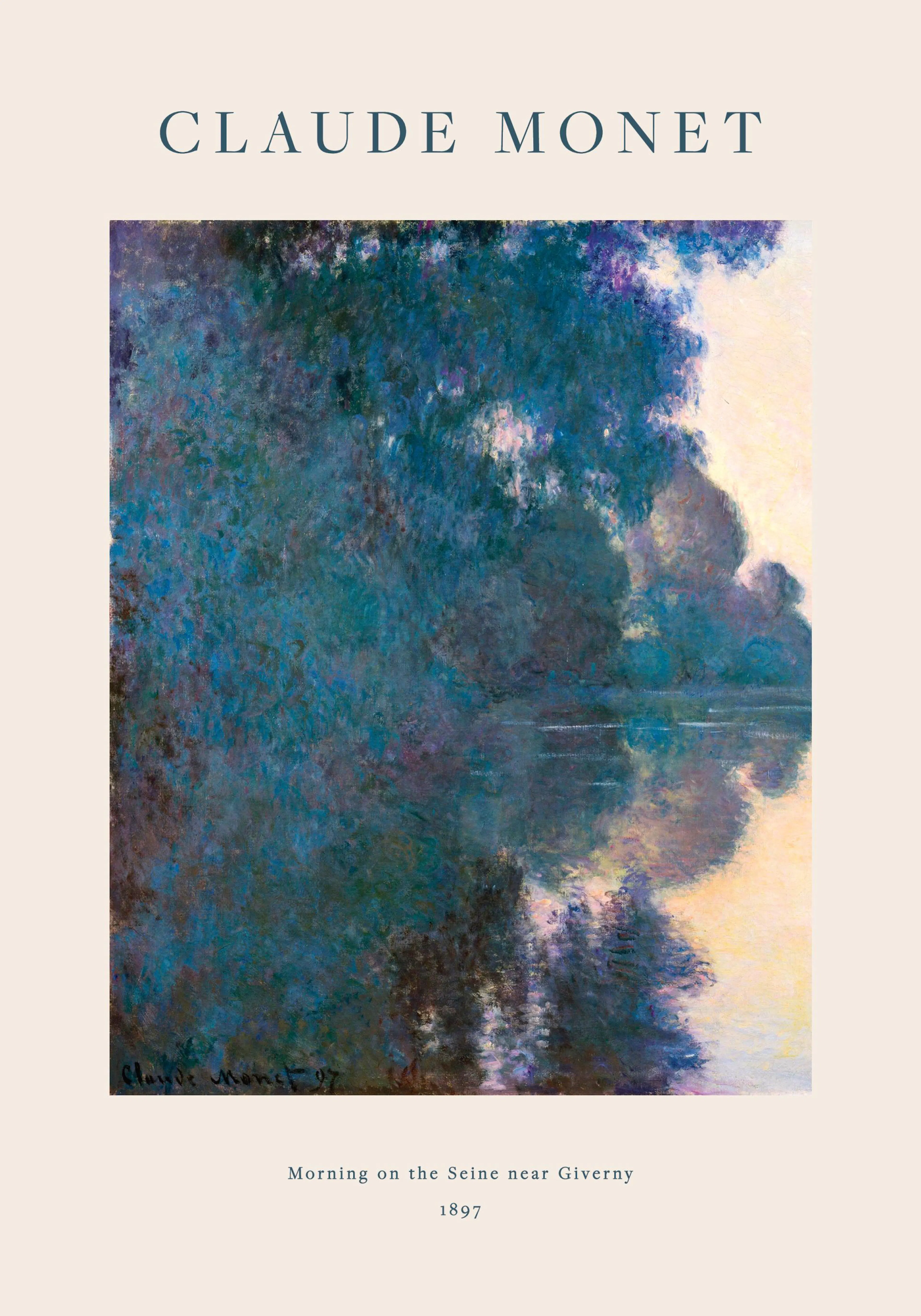 Ein Poster des Gemäldes Morgen an der Seine bei Giverny von Claude Monet mit dunklen Bäumen und hellem Himmel, die sich im Fluss