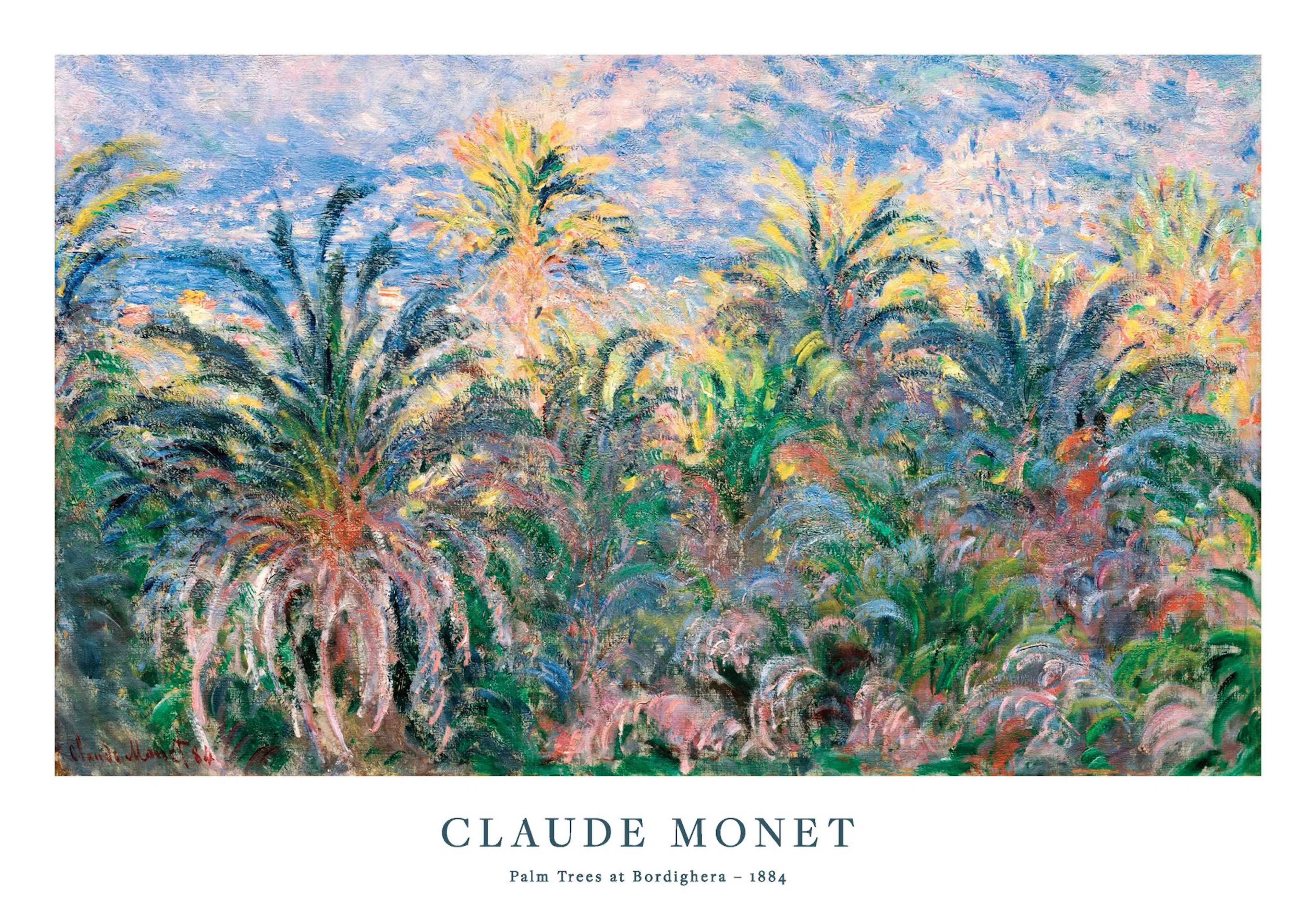 Poster: Impressionistisches Gemälde von Claude Monet mit Palmen in Bordighera, leuchtenden Grüntönen und Blau des Himmels.