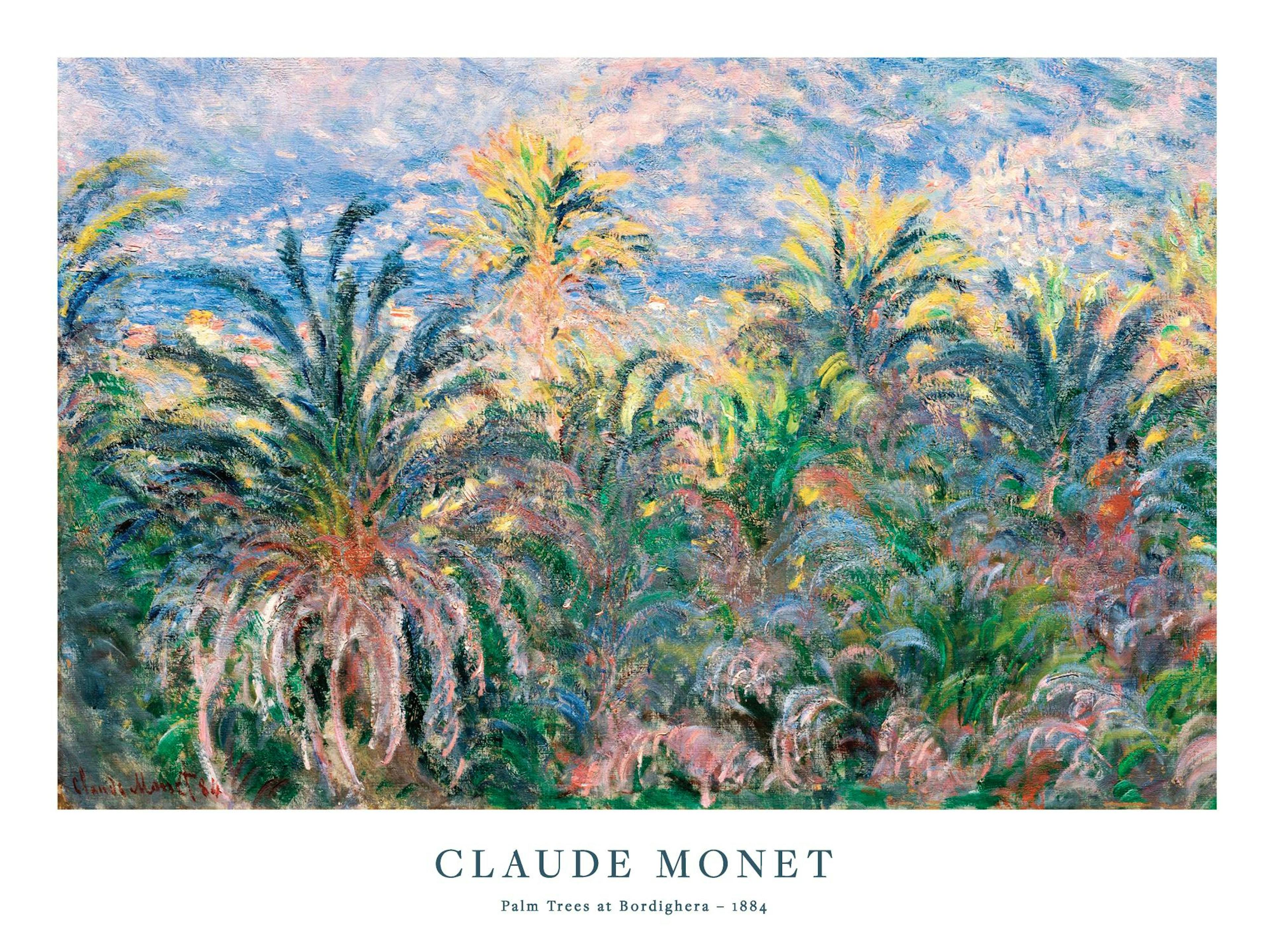 Poster von Monets Palmenbäumen in Bordighera mit lebhaften grünen, gelben und blauen Pinselstrichen.