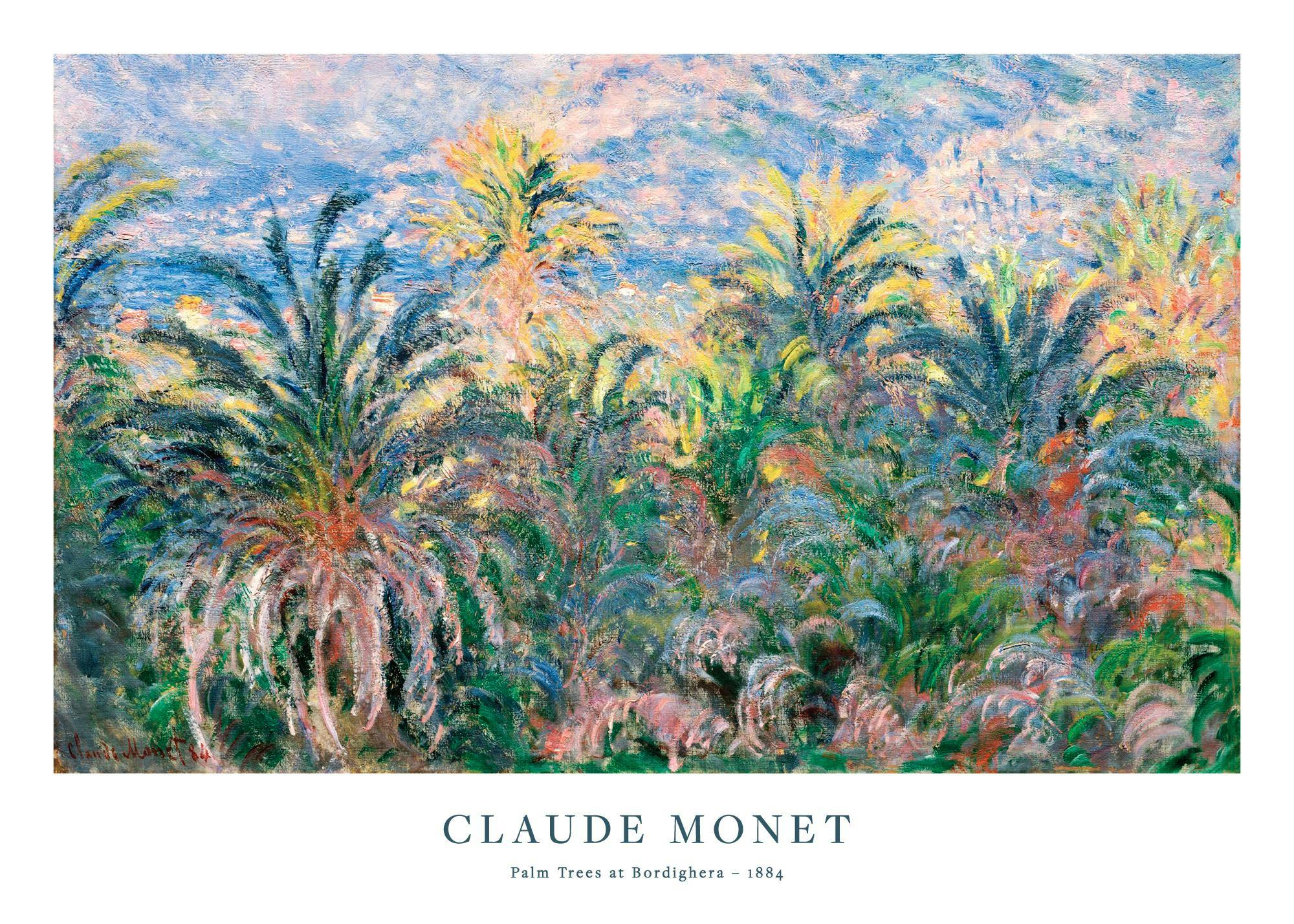 Poster de Claude Monet : peinture impressionniste colorée de palmiers et dun ciel bleu lumineux.