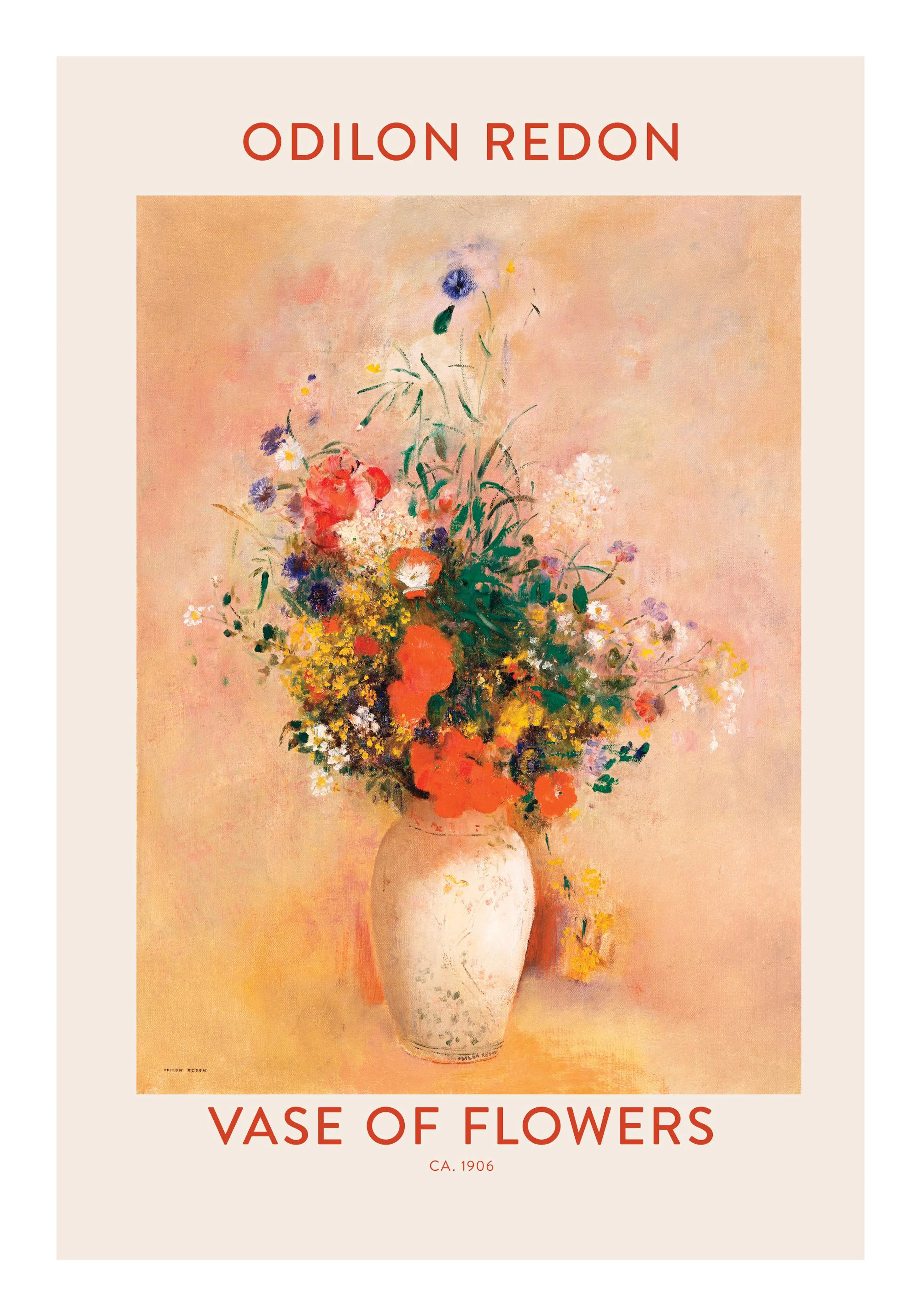 Ein Poster mit Odilon Redons Vase of Flowers, einem Pastellgemälde von 1906, das einen bunten Blumenstrauß in einer Vase zeigt.