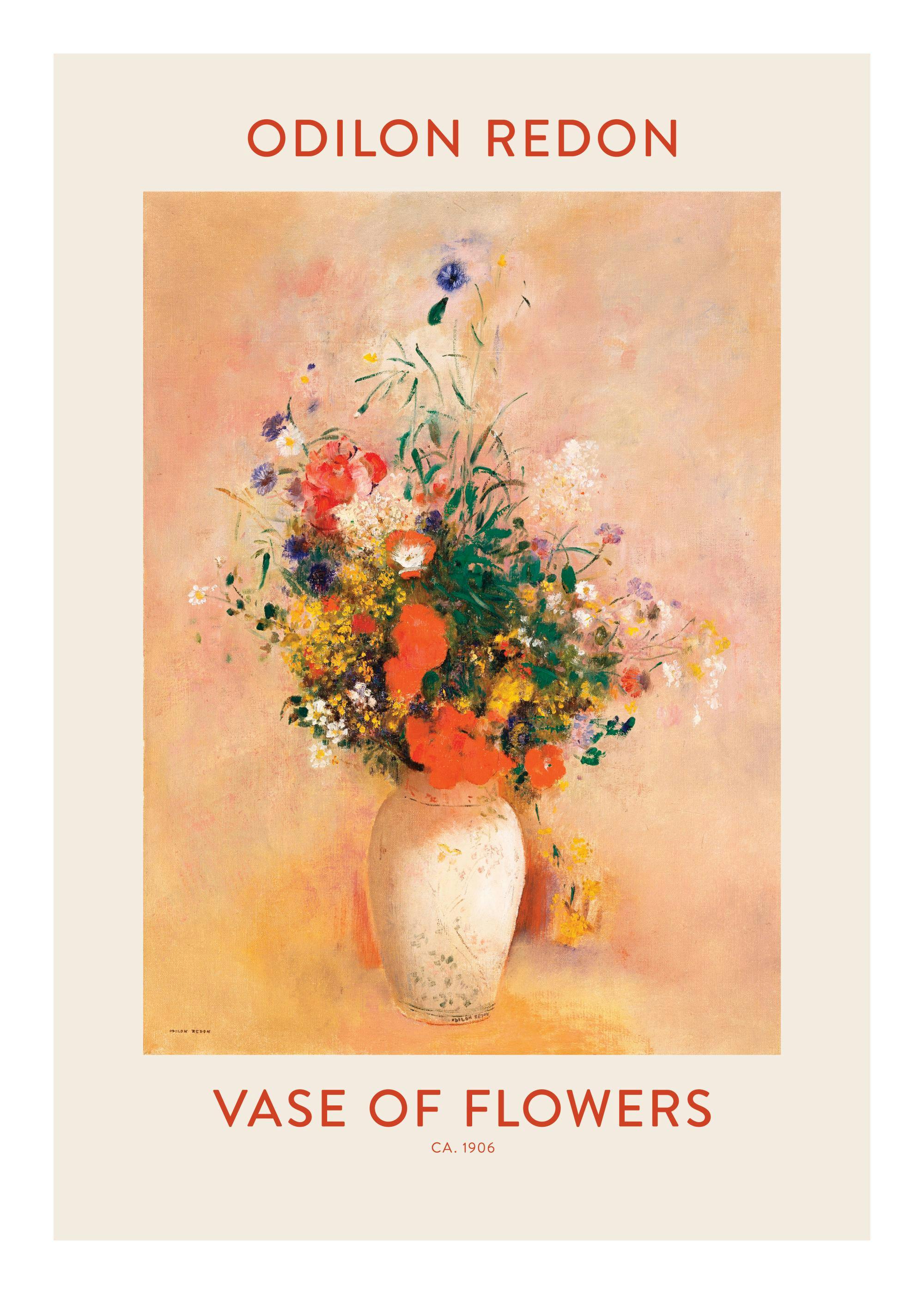 A poster of Odilon Redons Vase of Flowers painting with a white vase holding colorful blooms on a peachy background.