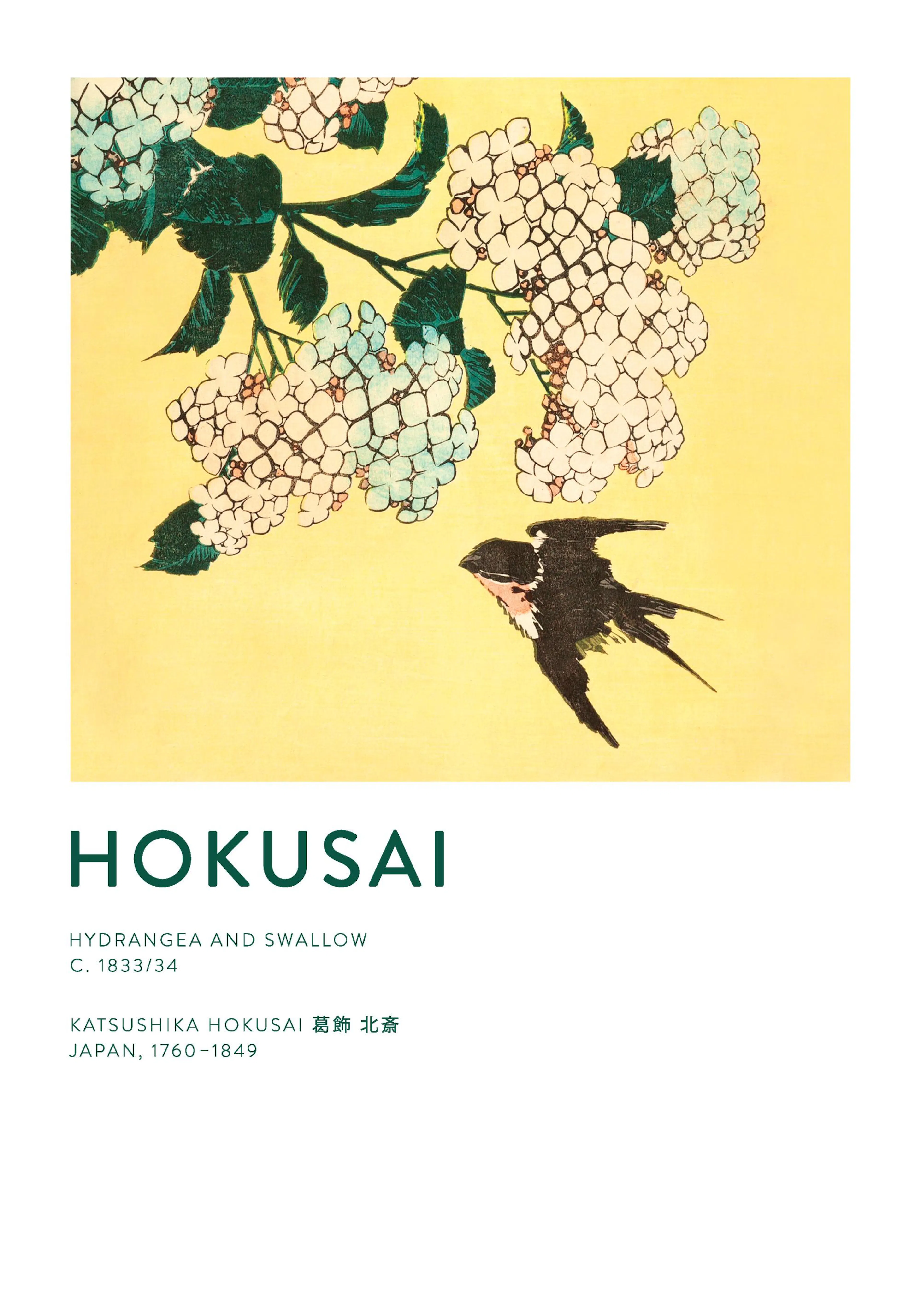 葛飾北斎のポスター。黄色い背景に白と水色の紫陽花と、黒いツバメが描かれた浮世絵。