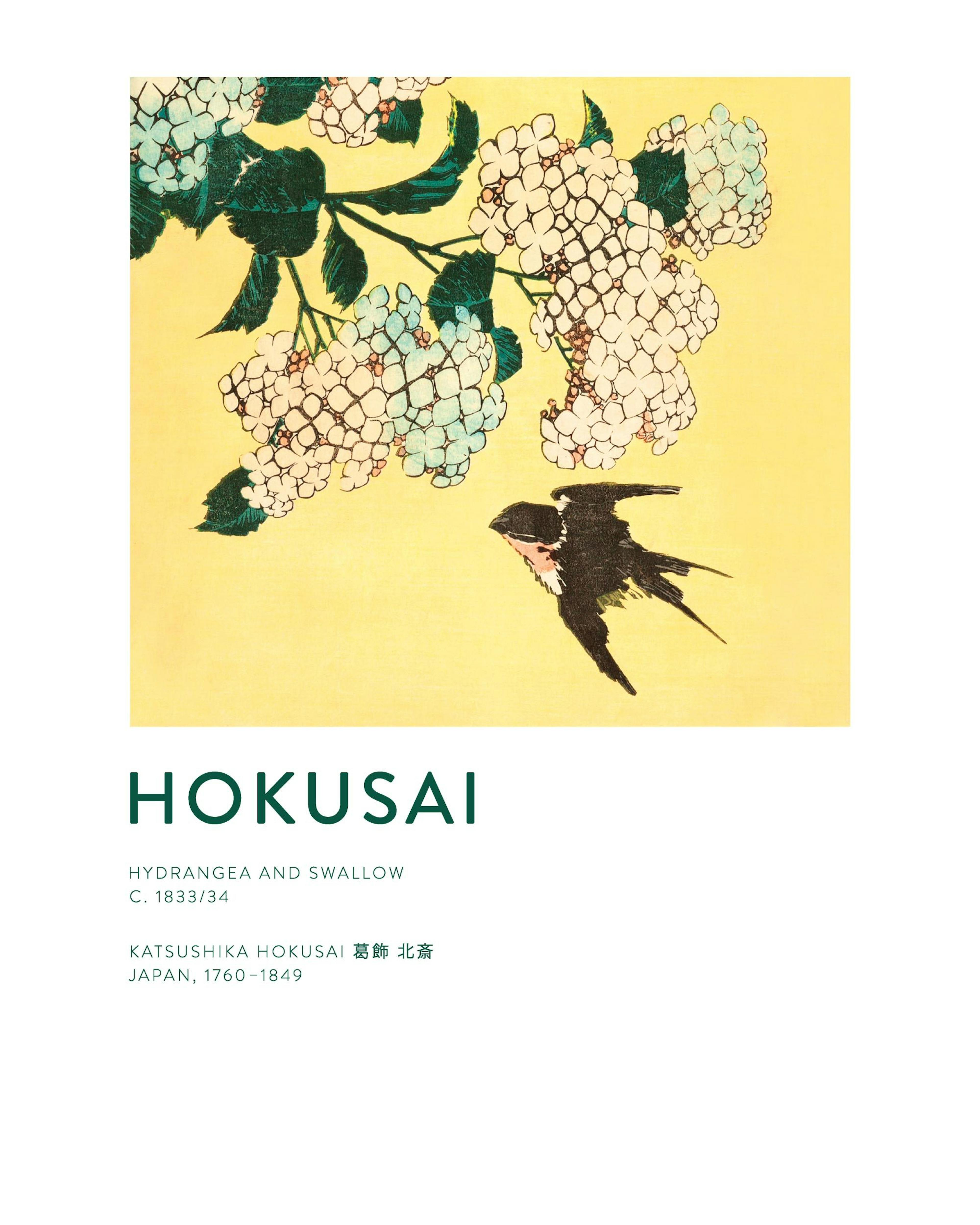 A poster featuring Hokusais Hydrangea and Swallow, with white and light blue hydrangeas and a black swallow on a yellow backgrou