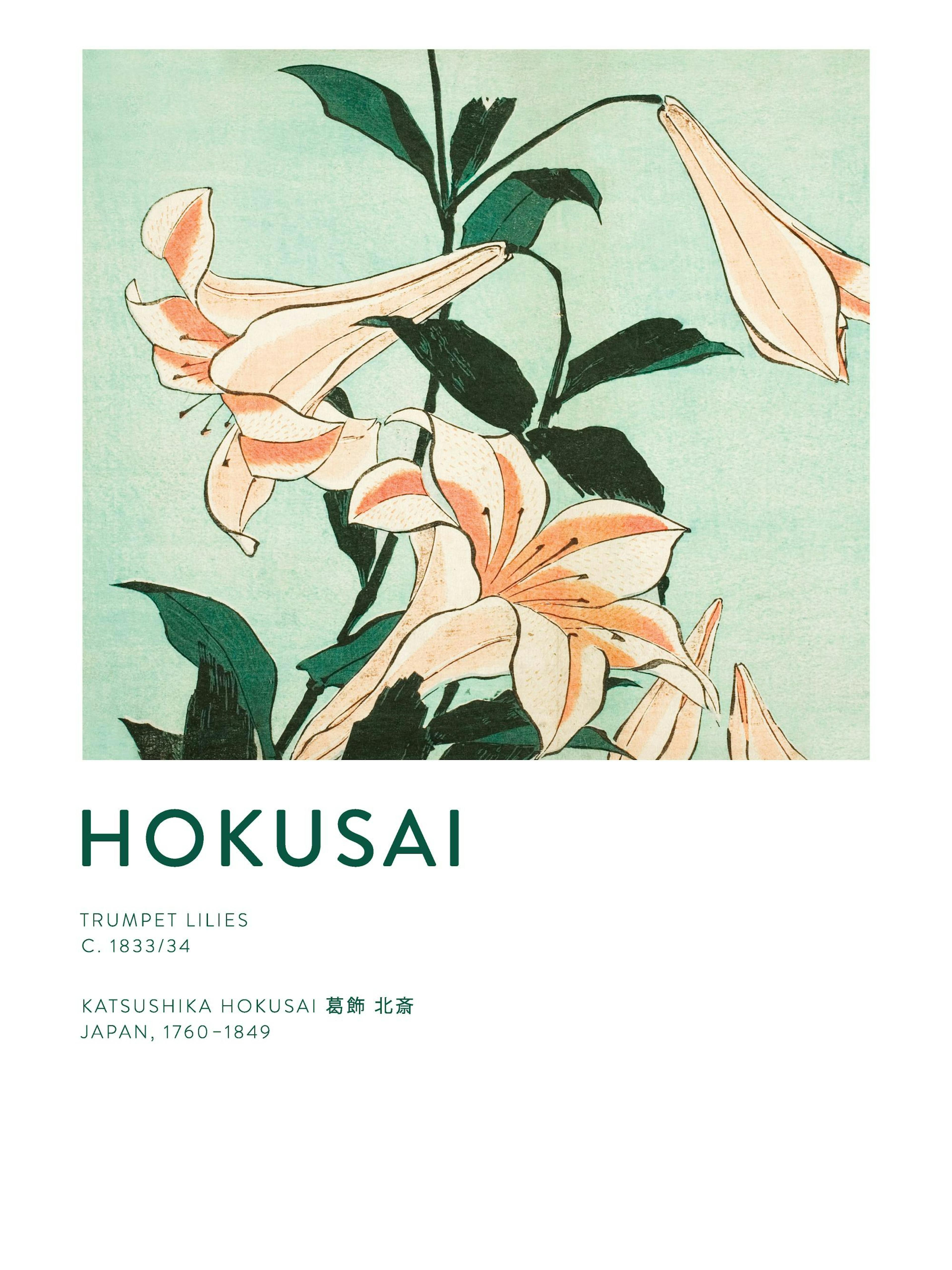 A poster featuring a Japanese woodblock print of white and peach trumpet lilies with dark green leaves on a light blue backgroun